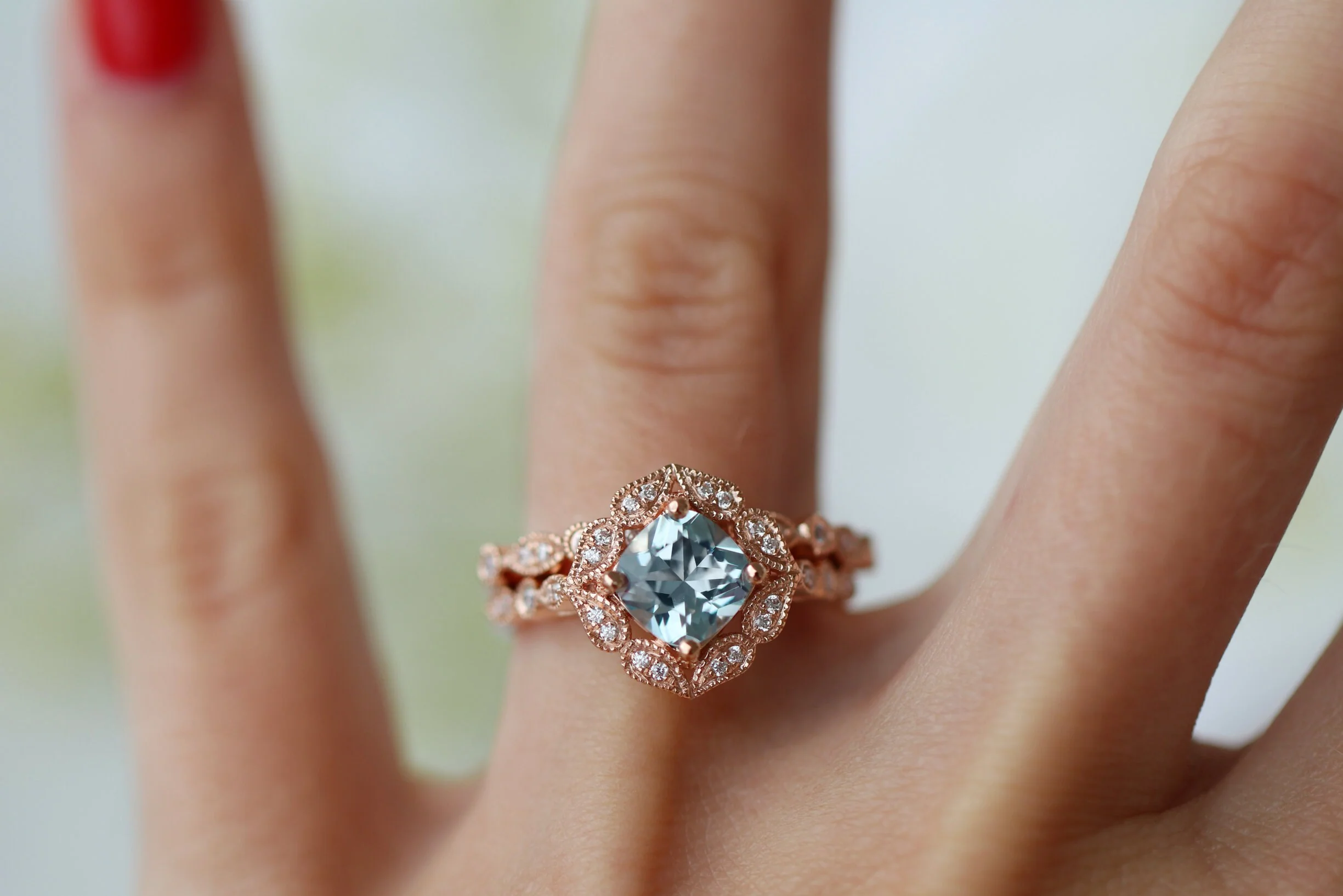 Vintage Cushion Cut Aquamarine Ring in 14k Rose Gold Vermeil - Image 7