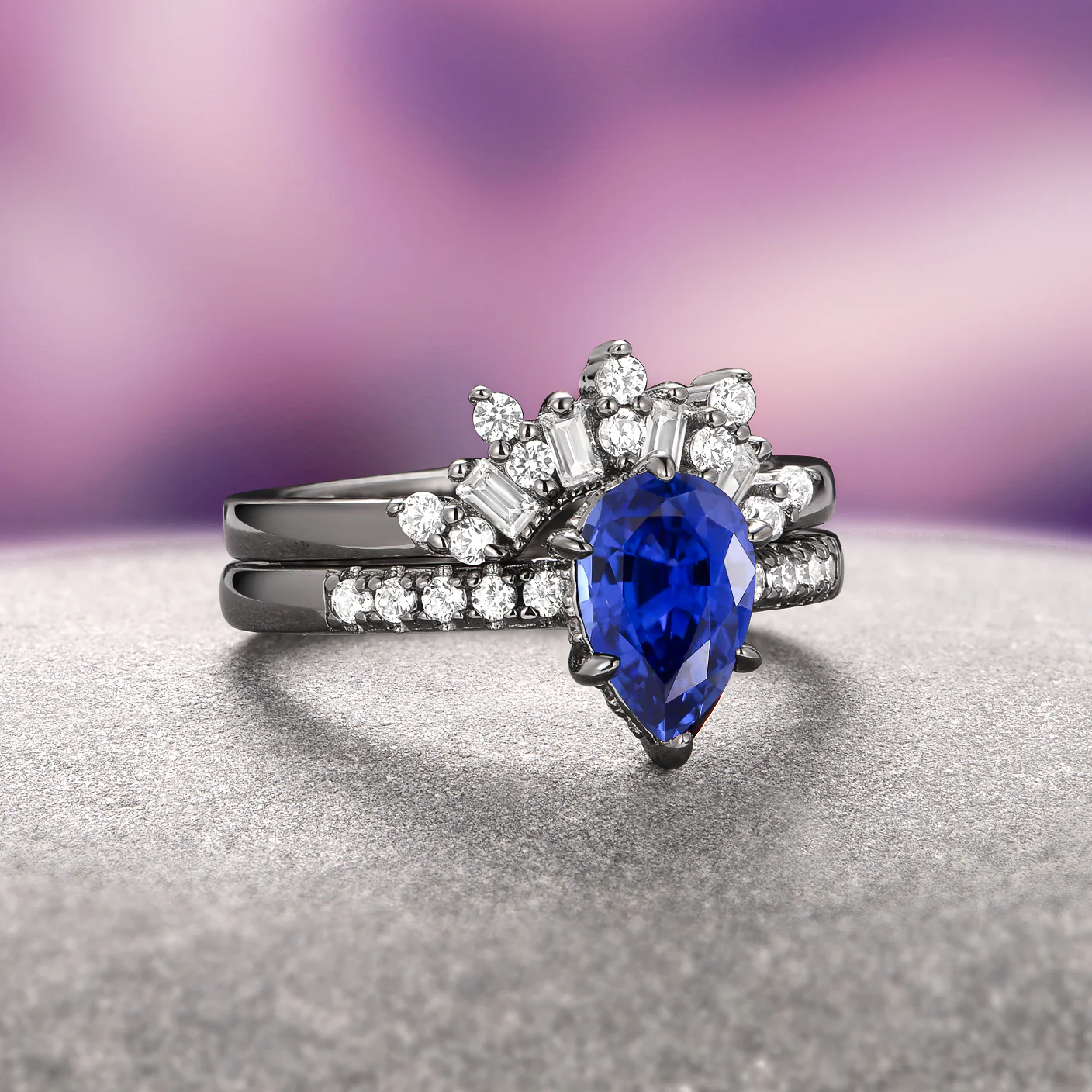 Art Deco Blue Sapphire Ring Set- Black Ruthenium - Image 5