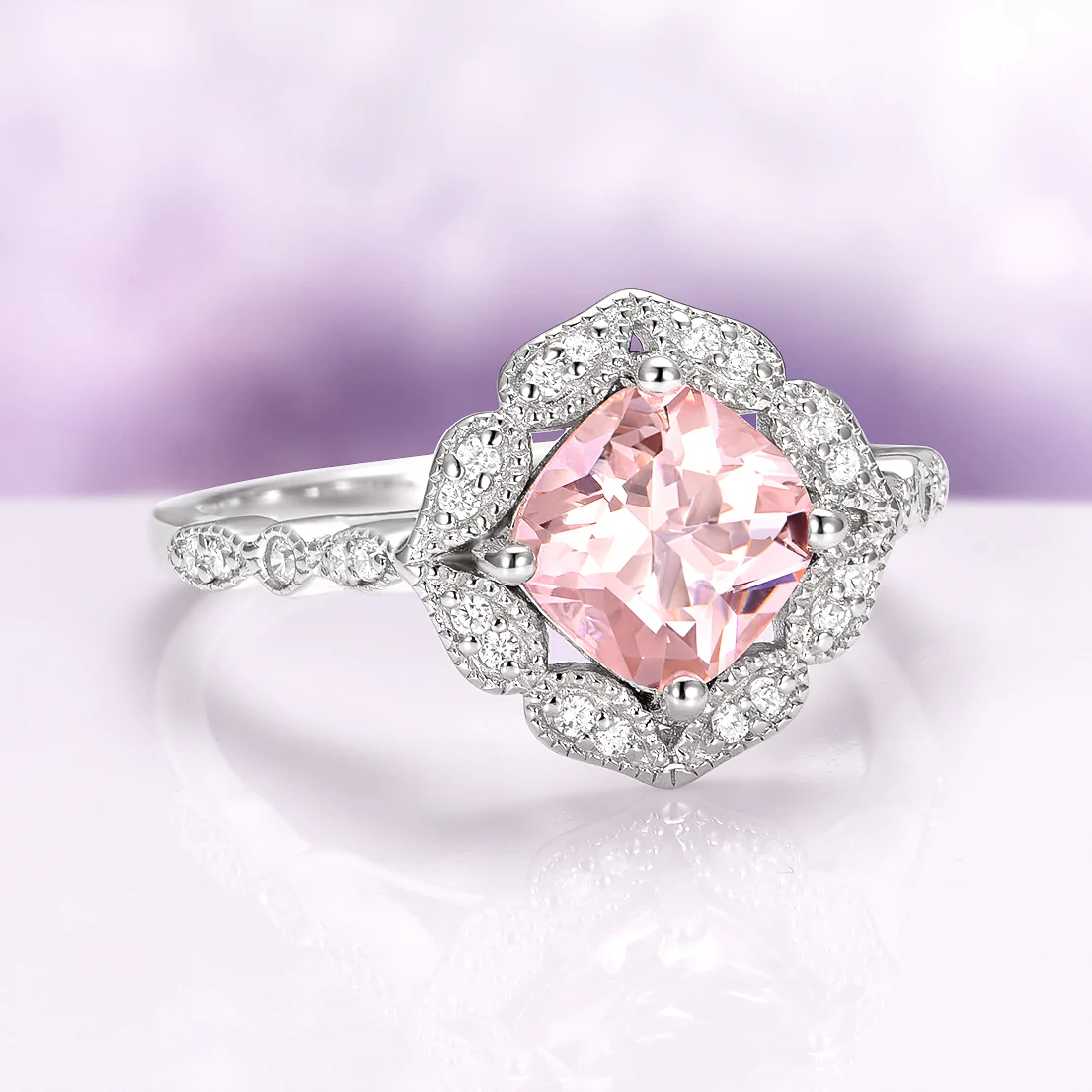 Cushion Cut Art Deco Morganite Ring in Sterling Silver - Image 4