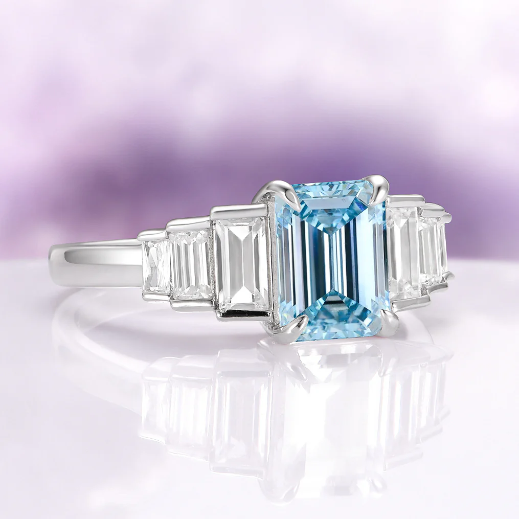 Art Deco Emerald Cut Aquamarine Engagement Ring in Sterling Silver - Image 2