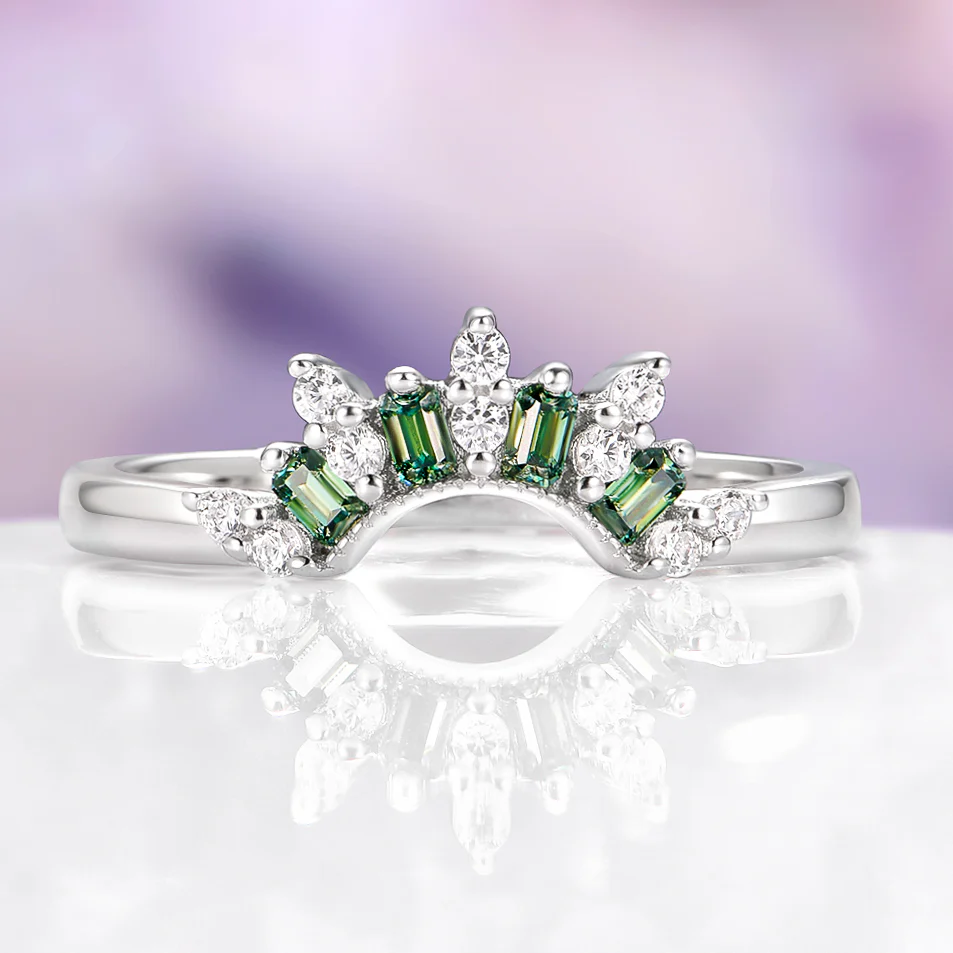 Art Deco Forest Green Lab Diamond Crown Wedding Band in 14K White Gold
