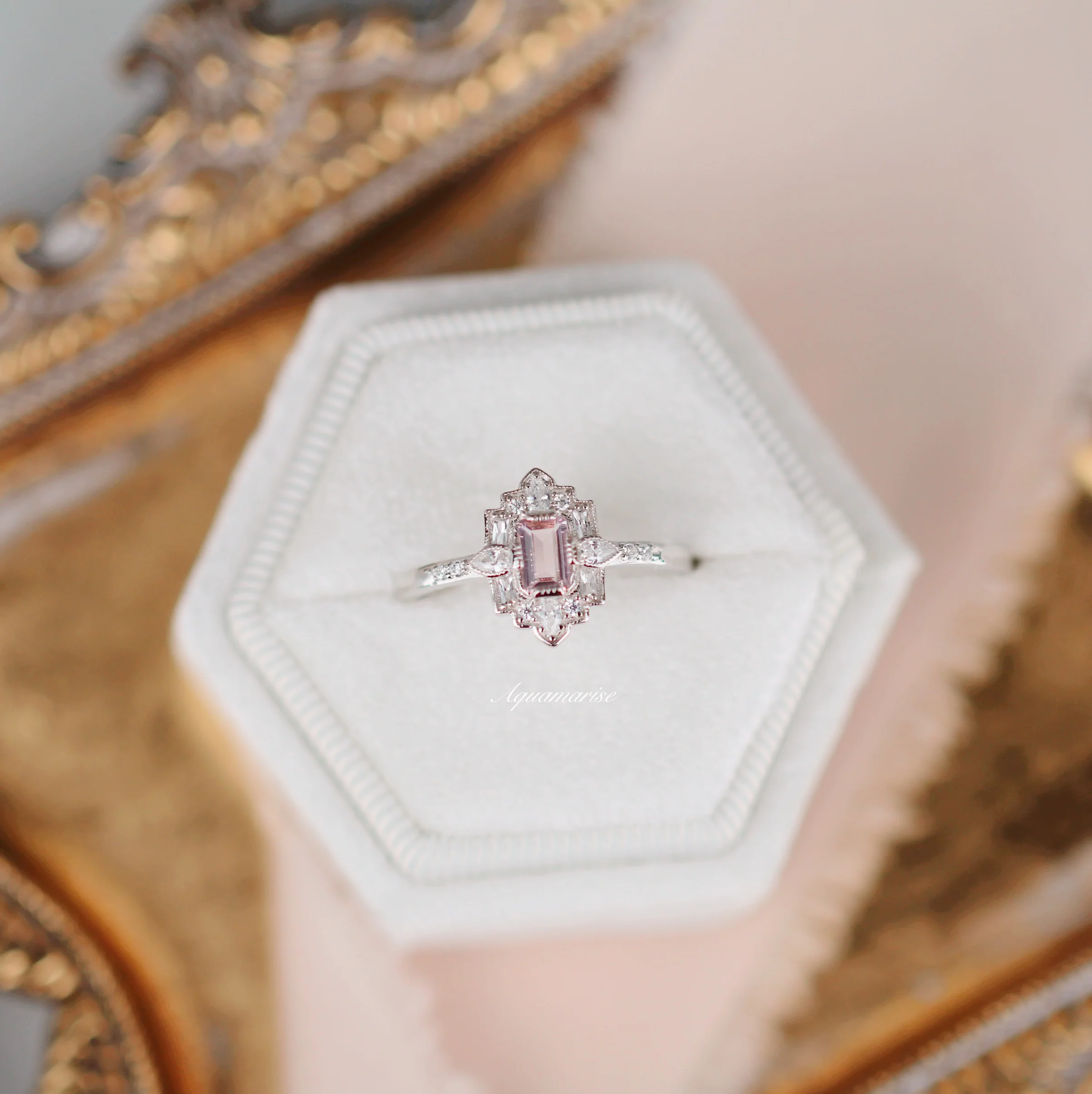 Art Deco Mosaic Morganite Couples Ring Set - Image 7