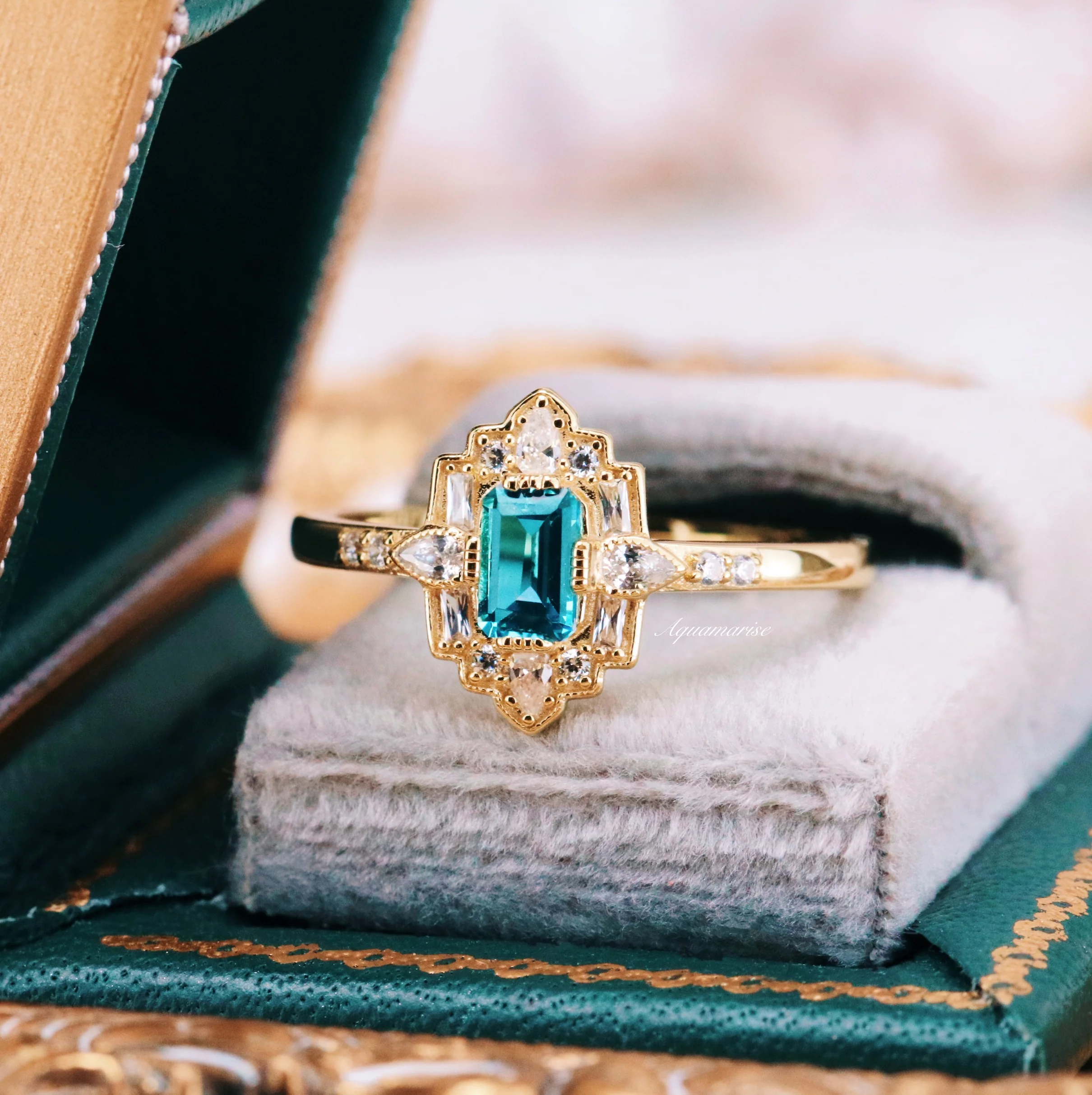 Art Deco London Blue Topaz Engagement Ring in 14K Solid Yellow Gold - Image 2