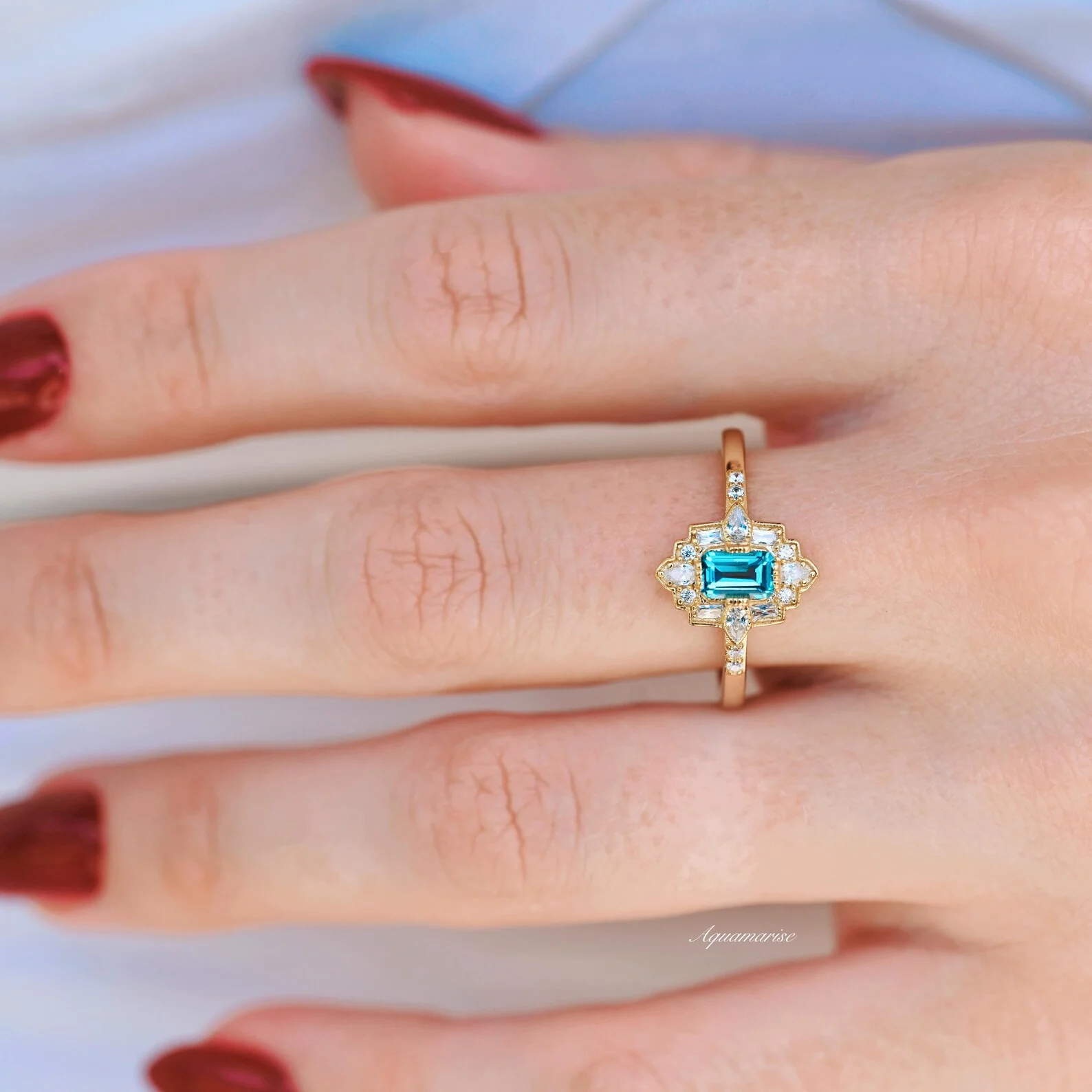 Art Deco London Blue Topaz Engagement Ring in 14K Solid Yellow Gold - Image 4