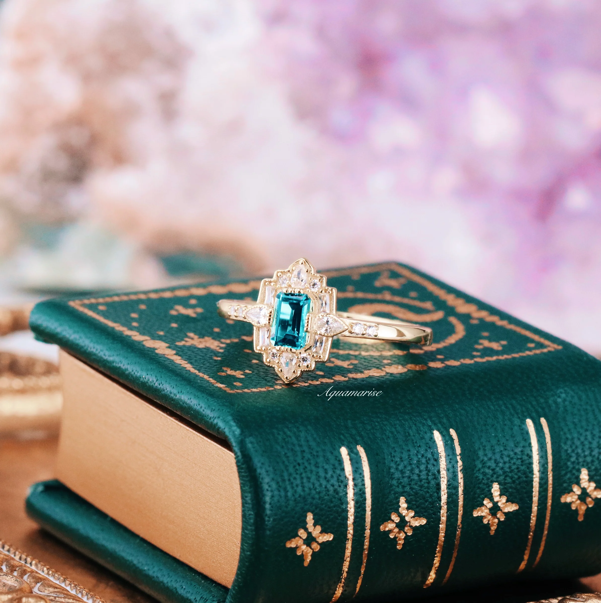 Art Deco London Blue Topaz Engagement Ring in 14K Solid Yellow Gold - Image 5