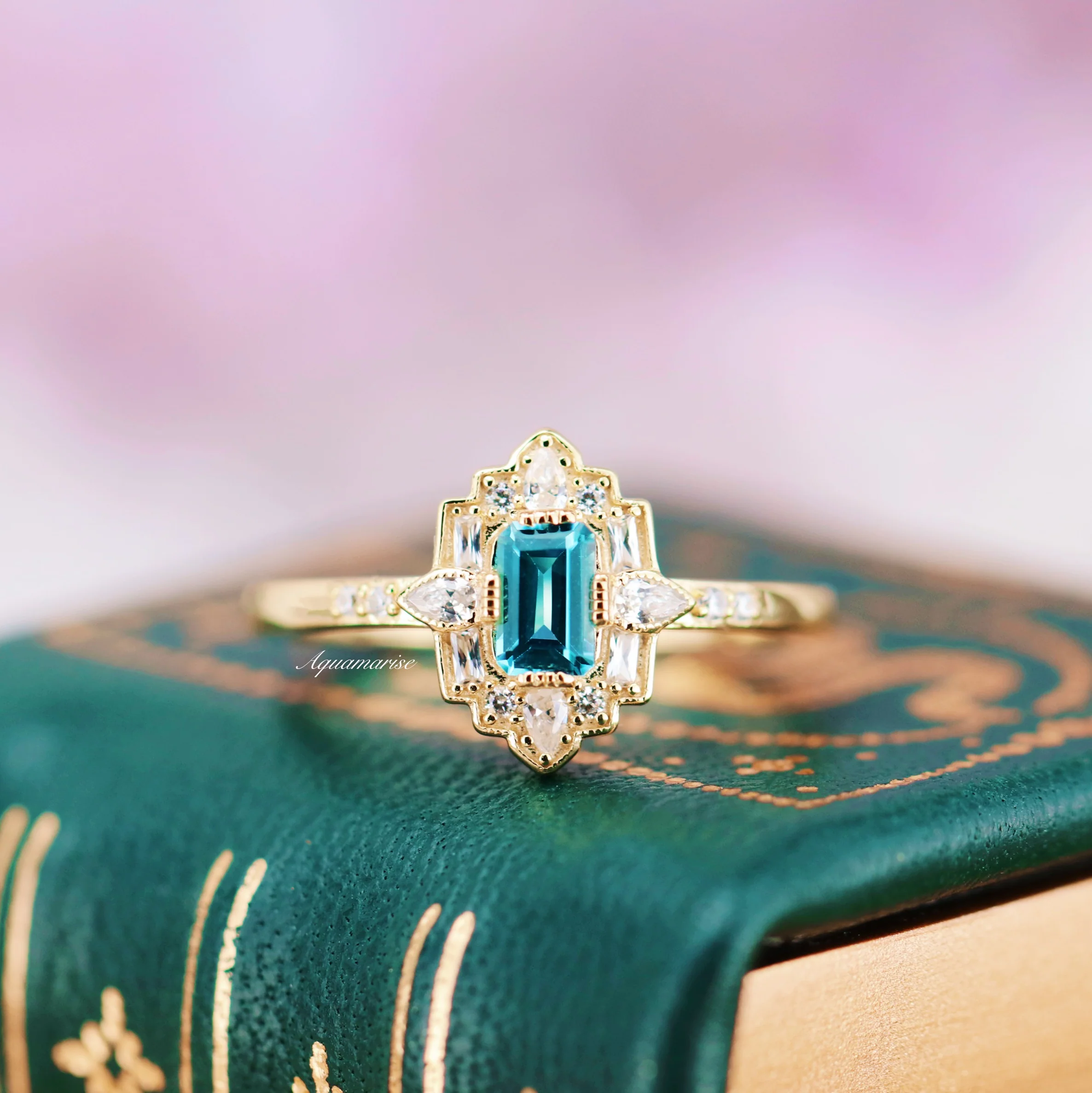 Art Deco London Blue Topaz Engagement Ring in 14K Solid Yellow Gold - Image 6