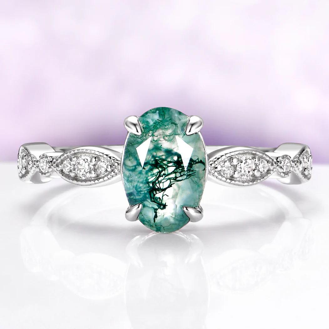 Art Deco Natural Moss Agate Ring in Sterling Silver