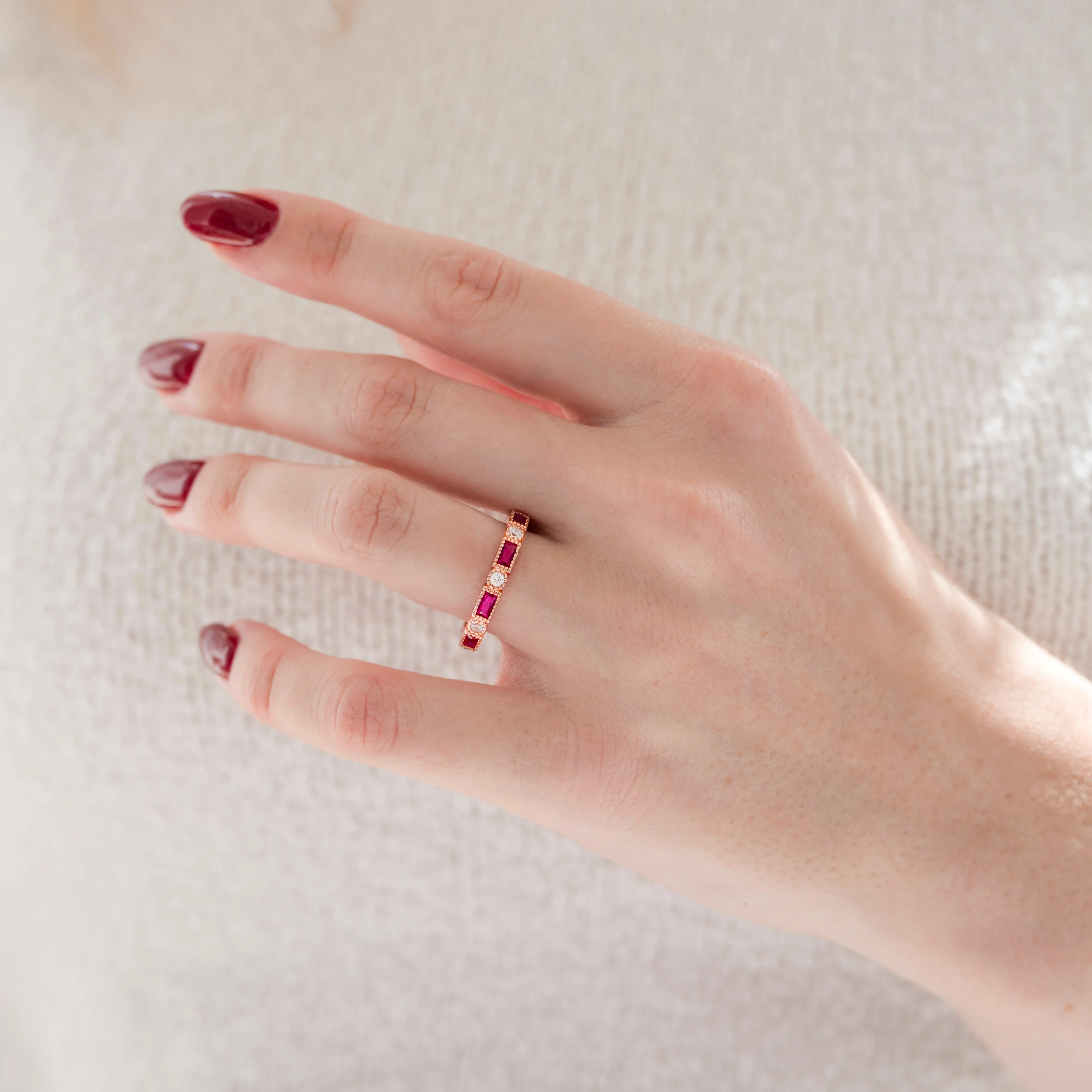 Art Deco Ruby Wedding Band in 14K Solid Rose Gold - Image 2