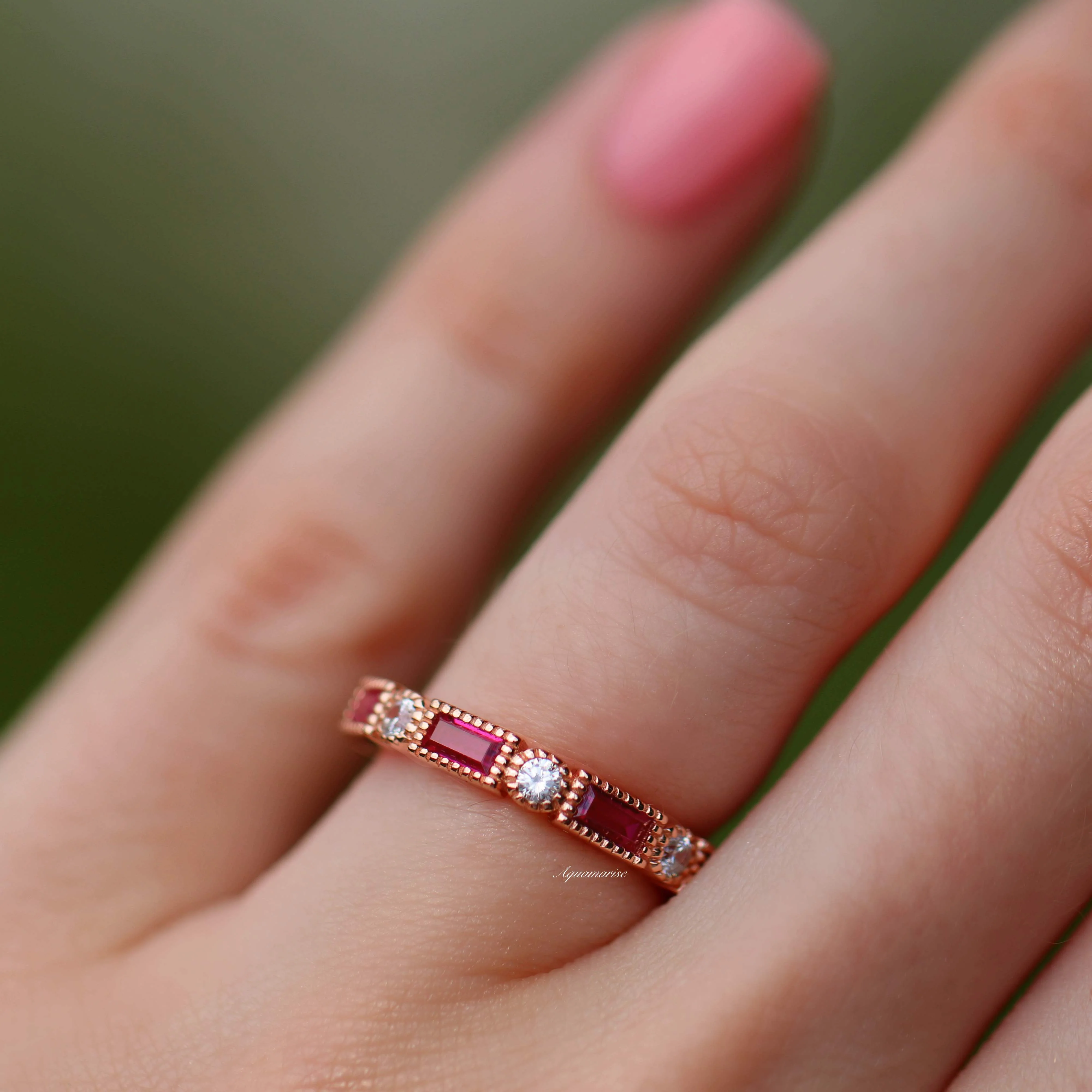 Art Deco Ruby Wedding Band in 14K Solid Rose Gold - Image 3
