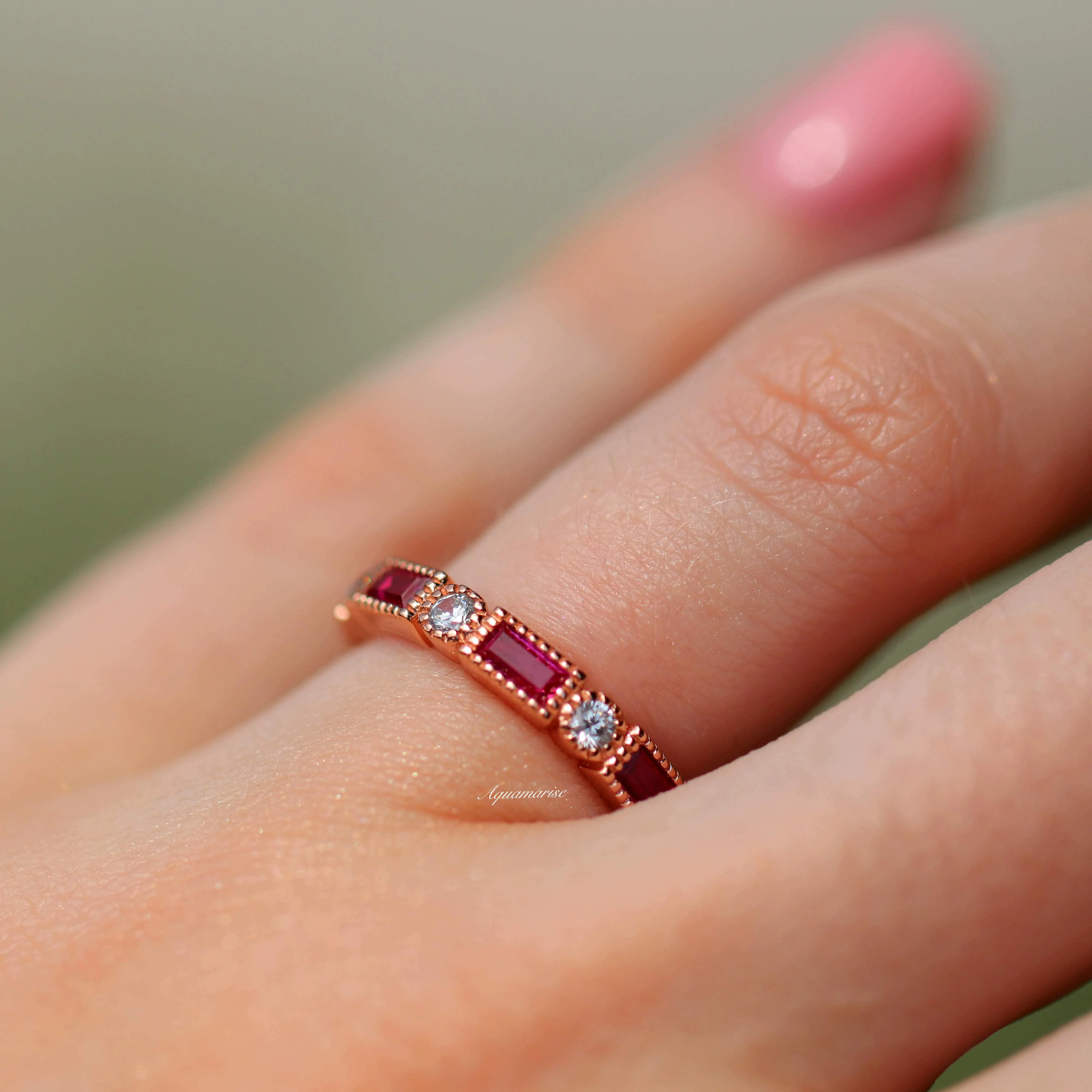 Art Deco Ruby Wedding Band in 14K Solid Rose Gold - Image 4