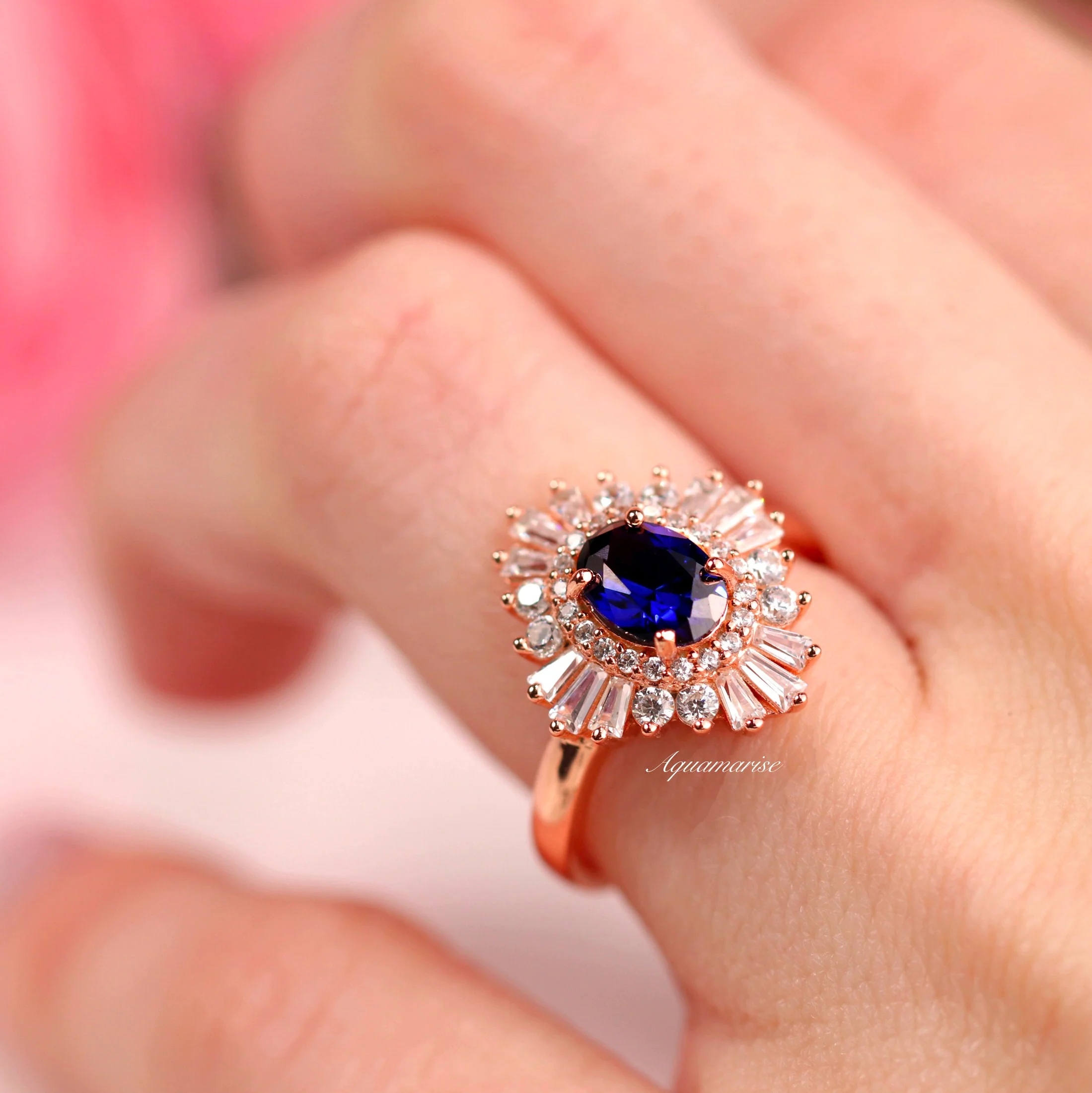 Victoria Vintage Blue Sapphire Engagement Ring in 14K Rose Gold Vermeil - Image 3