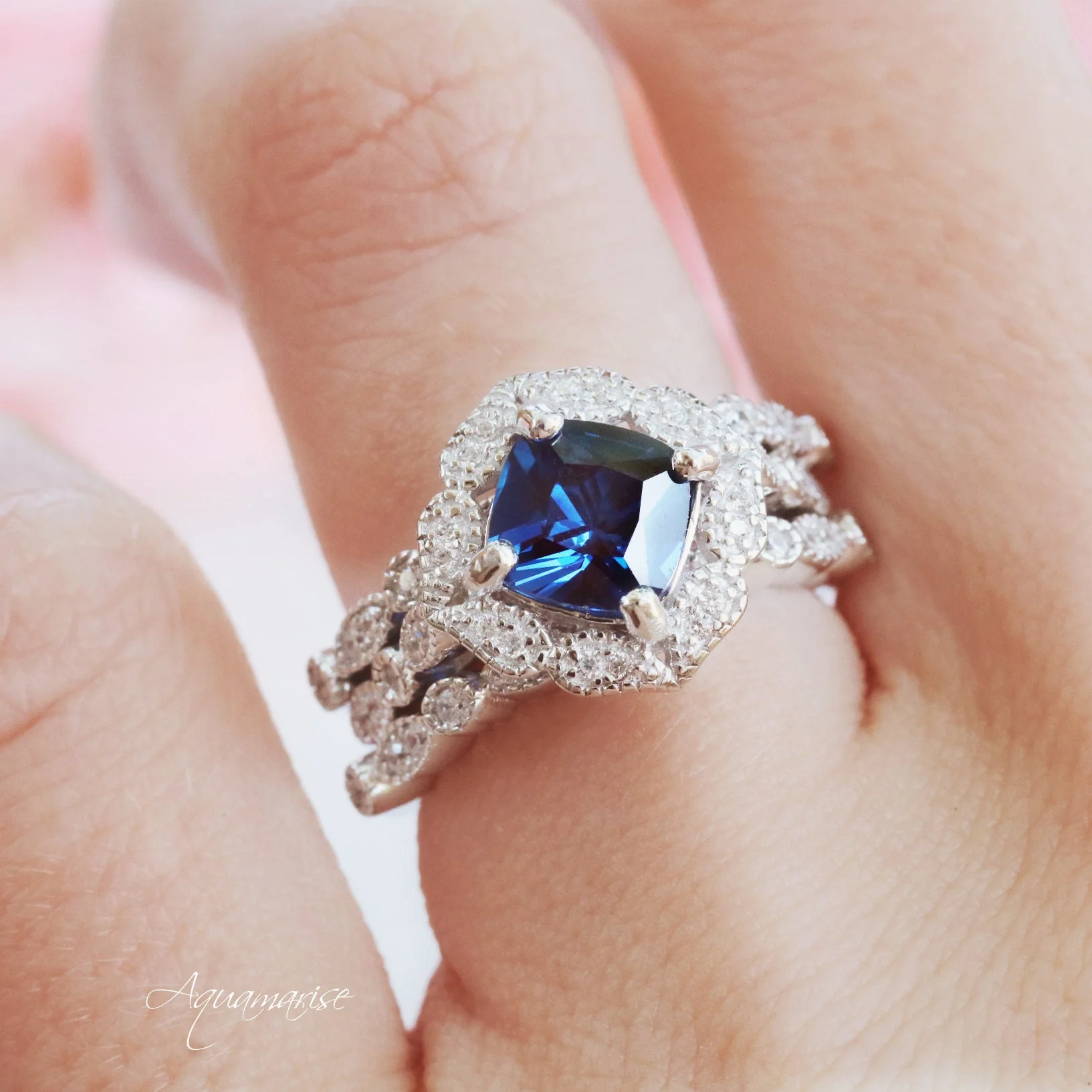 Cushion Cut Blue Sapphire Engagement Ring in Sterling Silver - Image 4