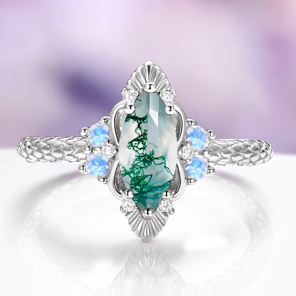 Arwen Moss Agate & Moonstone Ring in Sterling Silver