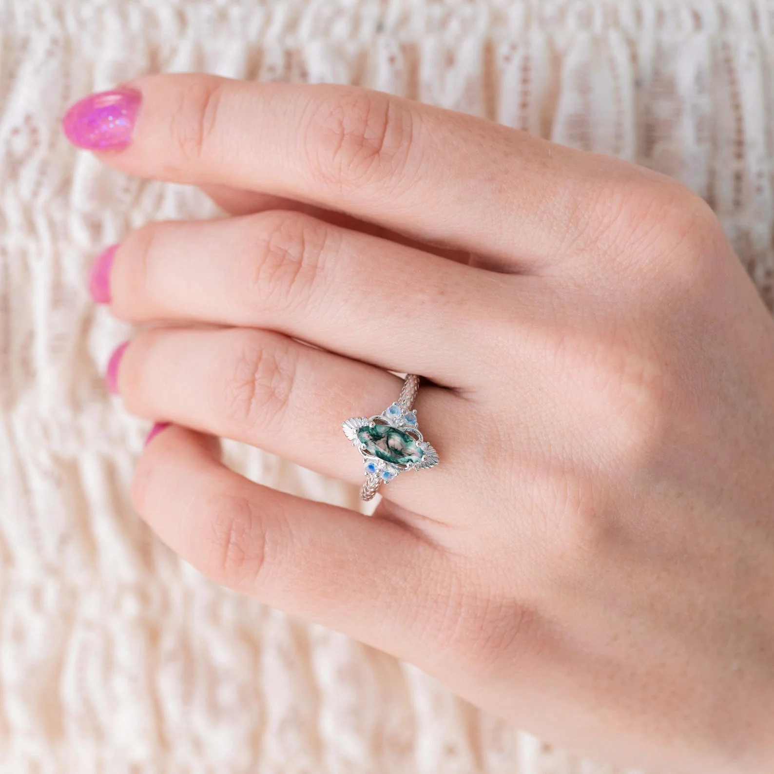 Arwen Moss Agate & Moonstone Ring in Sterling Silver - Image 2