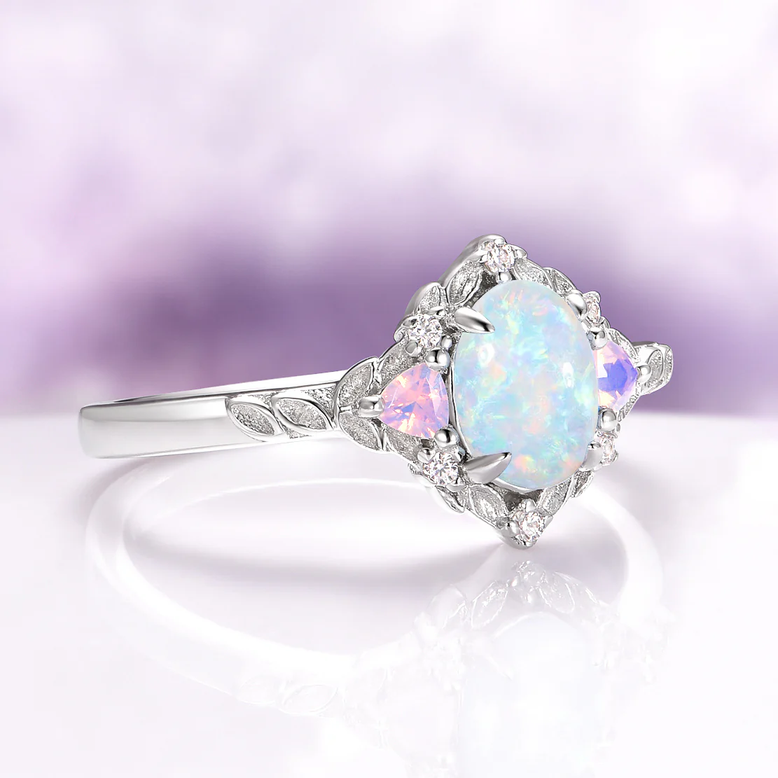 Australian Opal Leaf Engagement Ring in 14K White Gold - Image 2