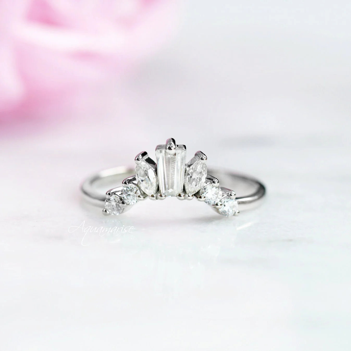 Tapered Baguette & Marquise Cluster Natural Diamond or Moissanite Wedding Band in 14K White Gold - Image 5