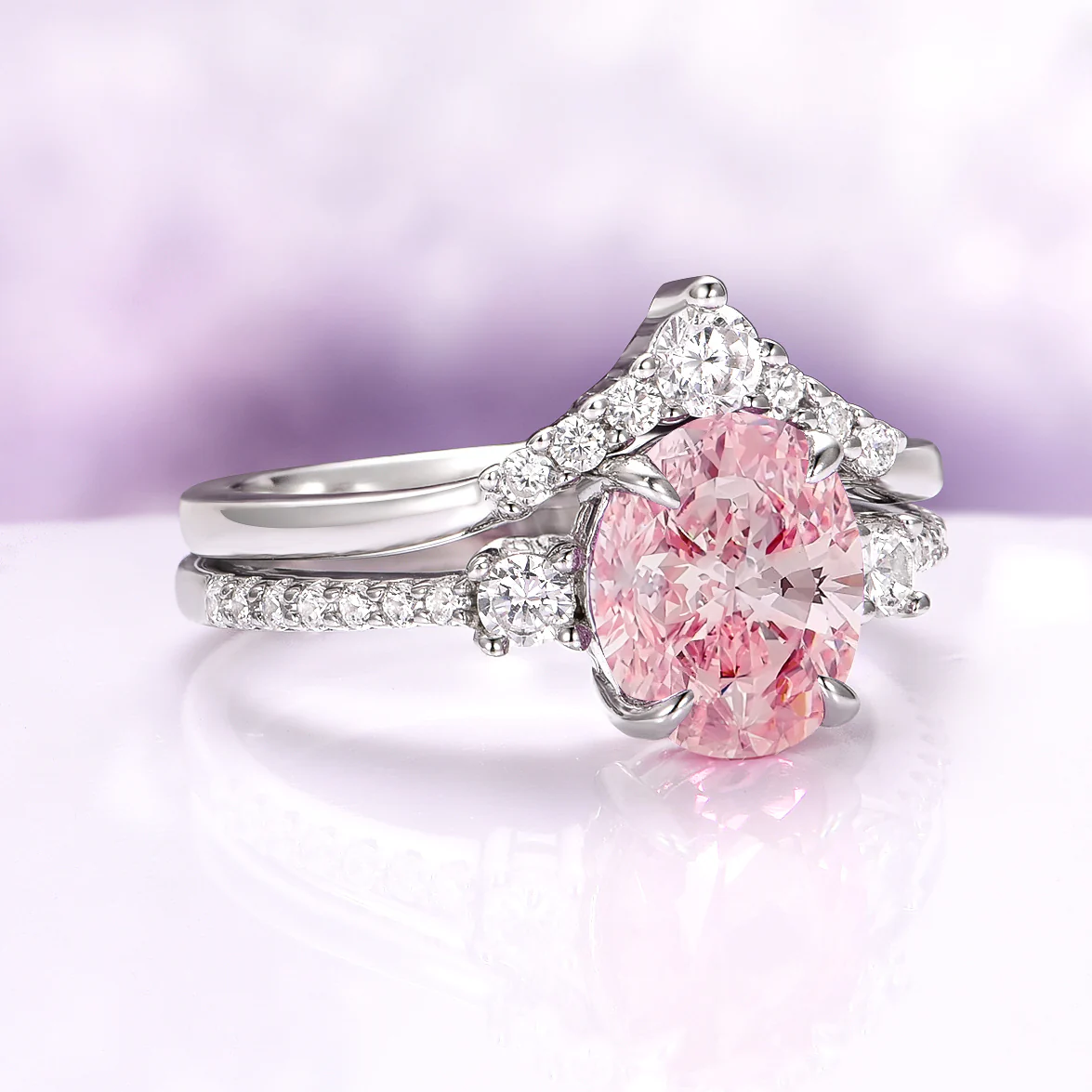 Bella Oval Cut Pink Sapphire Engagement Ring Set in 14K White Gold - Image 4