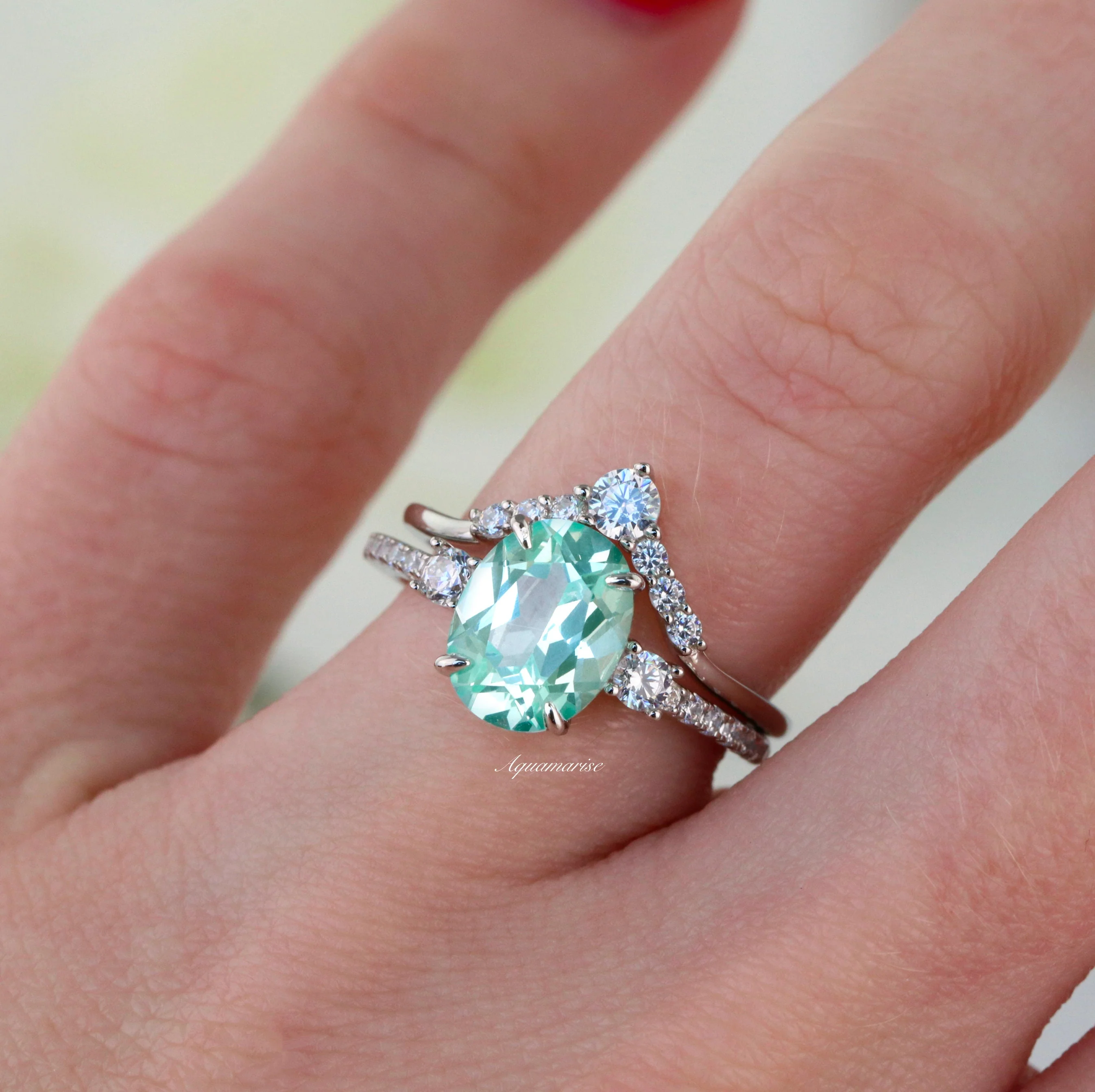 Bella Oval Cut Teal Sapphire Engagement Ring Set in 14K White Gold - Image 3
