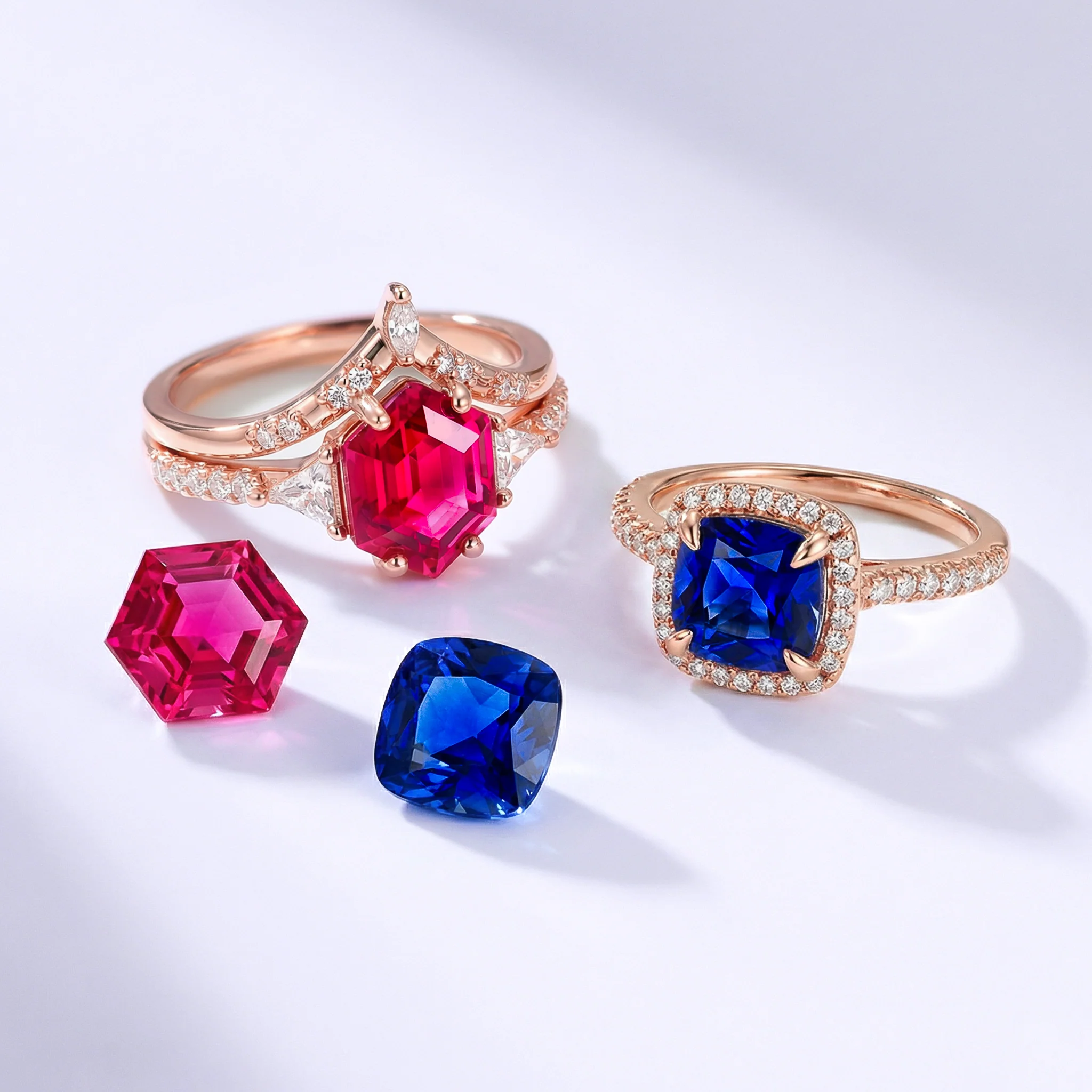 Hexagon Ruby Engagement Ring Set in 14K Solid Rose Gold - Image 8