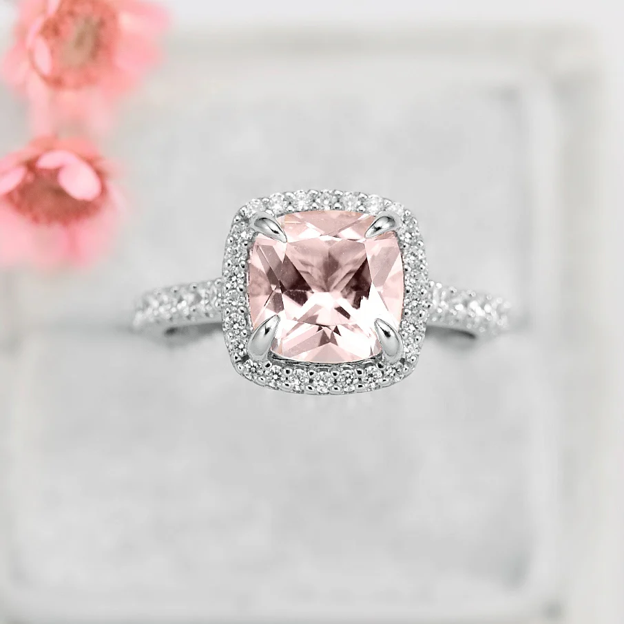 Belle Cushion Cut Natural Morganite Engagement Ring in 14K White Gold - Image 2