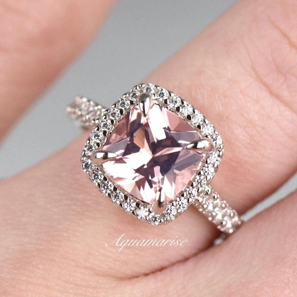 Belle Cushion Cut Natural Morganite Engagement Ring in 14K White Gold - Image 3