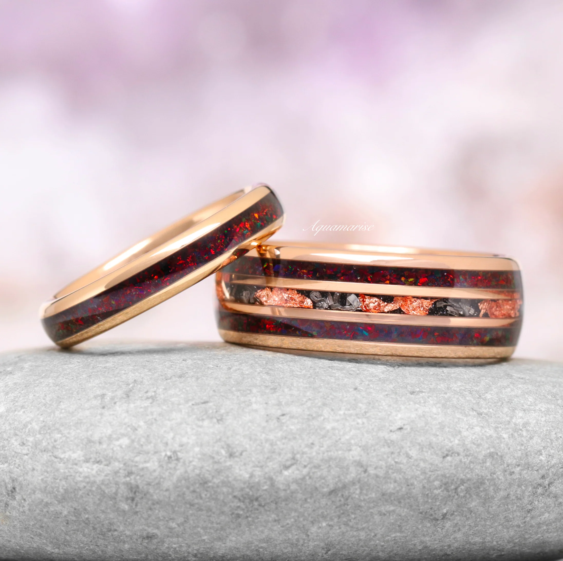 Black Fire Opal & Meteorite Couples Ring Set