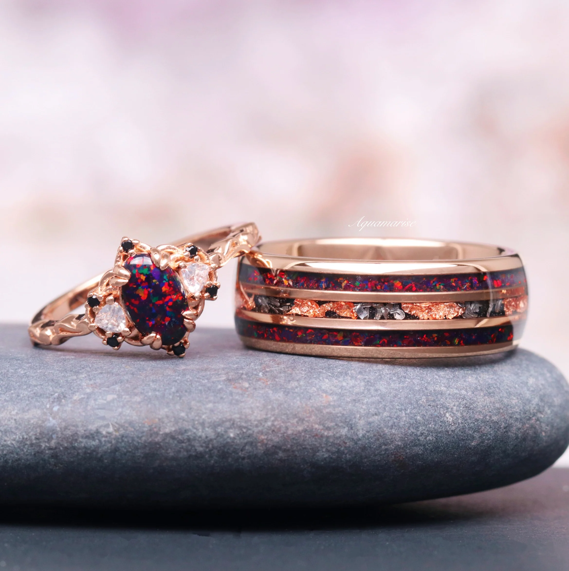 Esme Black Fire Opal & Meteorite Couples Ring Set