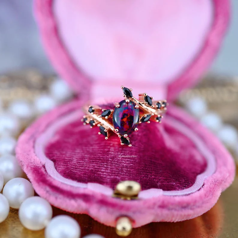 Black Fire Opal & Onyx Leaf Couples Ring Set - Image 5
