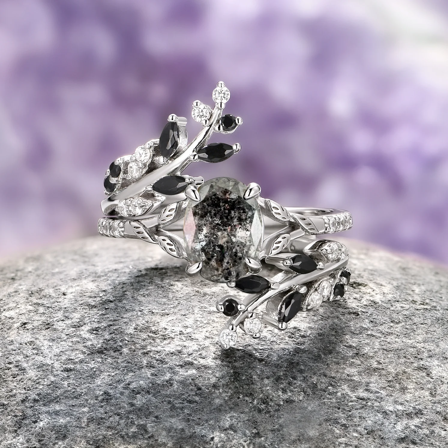 Galaxy Salt and Pepper (Herkimer) Diamond & Meteorite Couples Ring Set - Image 3