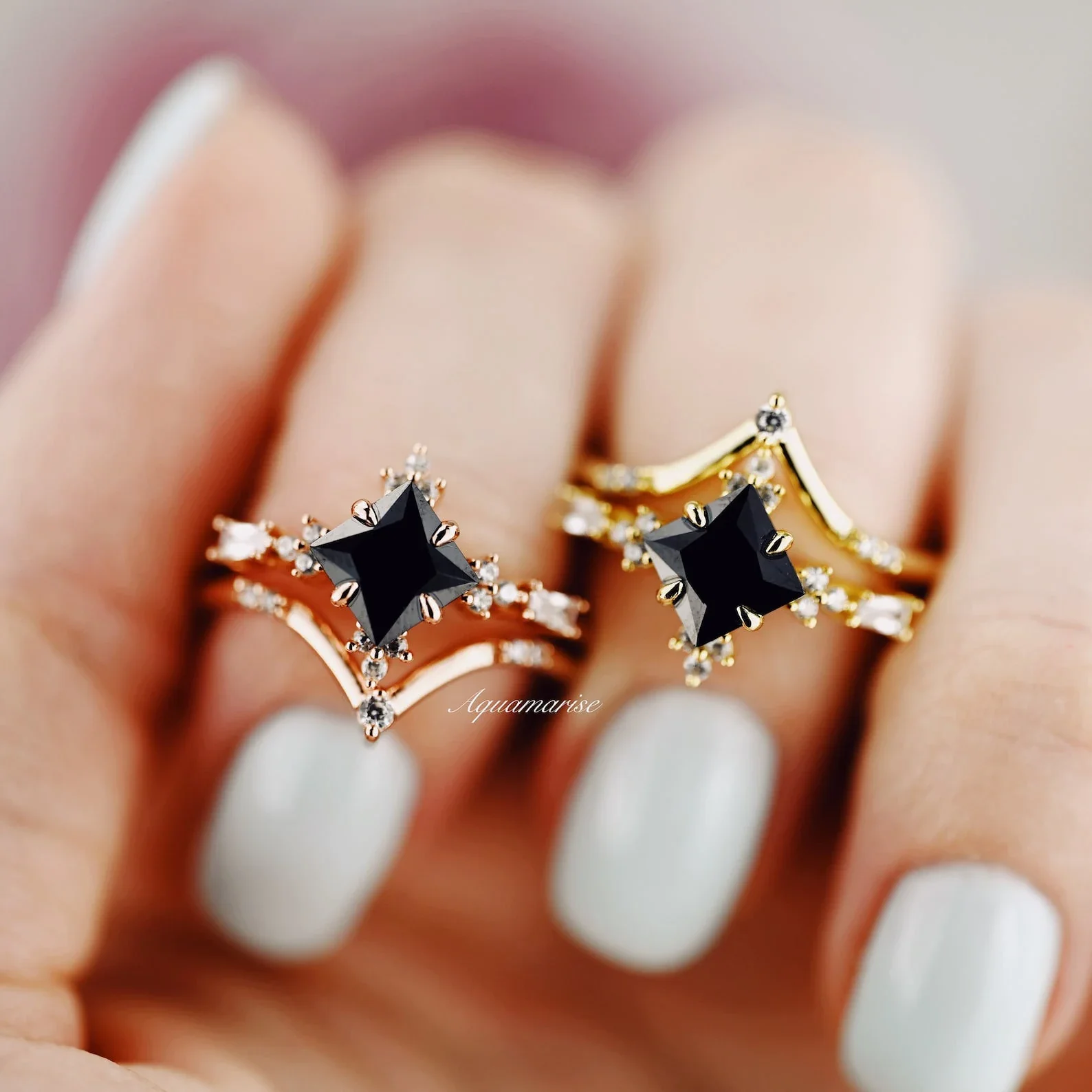 Black Onyx & Meteorite Gold Leaf Couples Ring Set - Image 9
