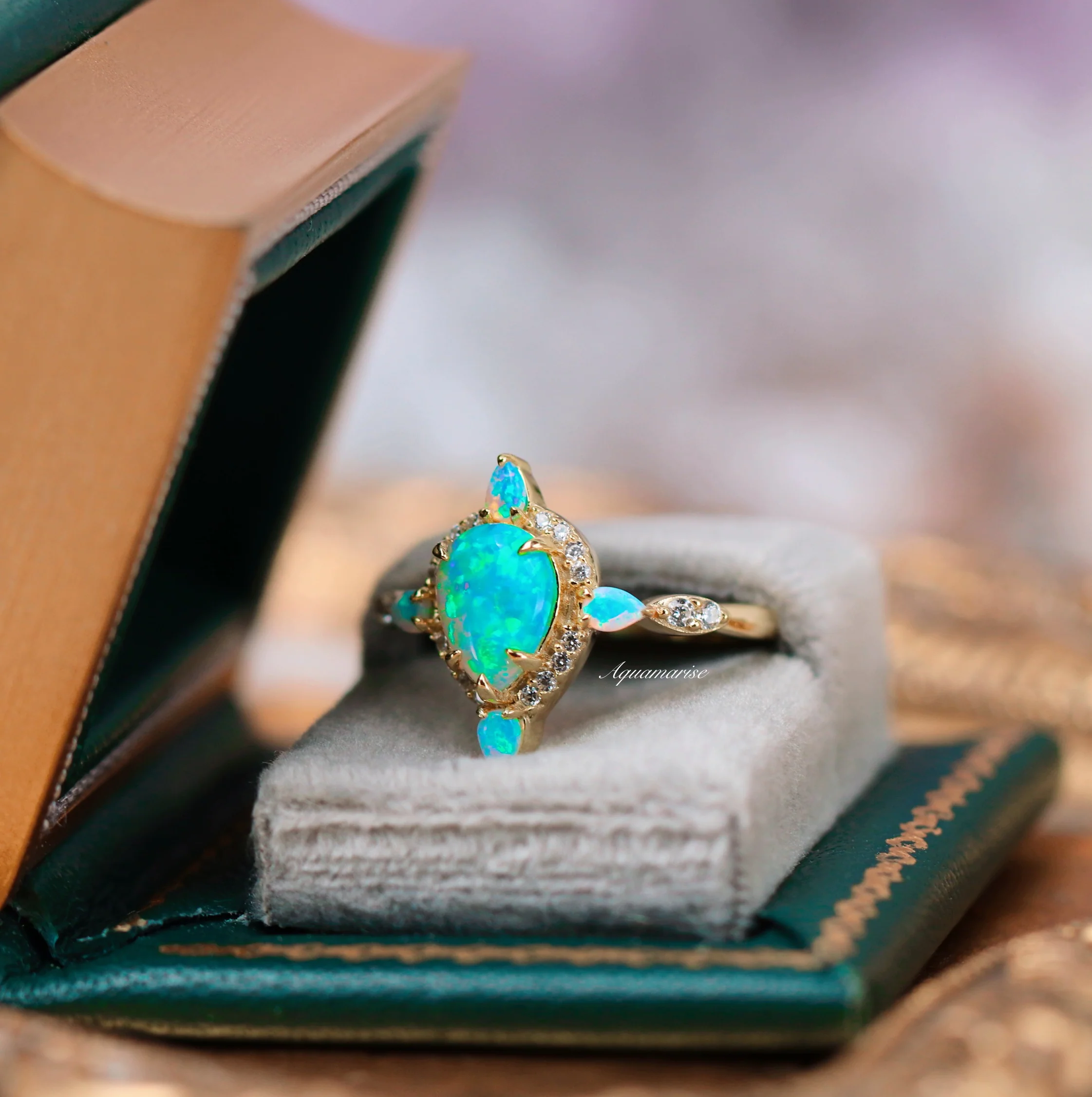 Blue Fire Opal & Crushed Diamond Couples Ring Set - Image 12