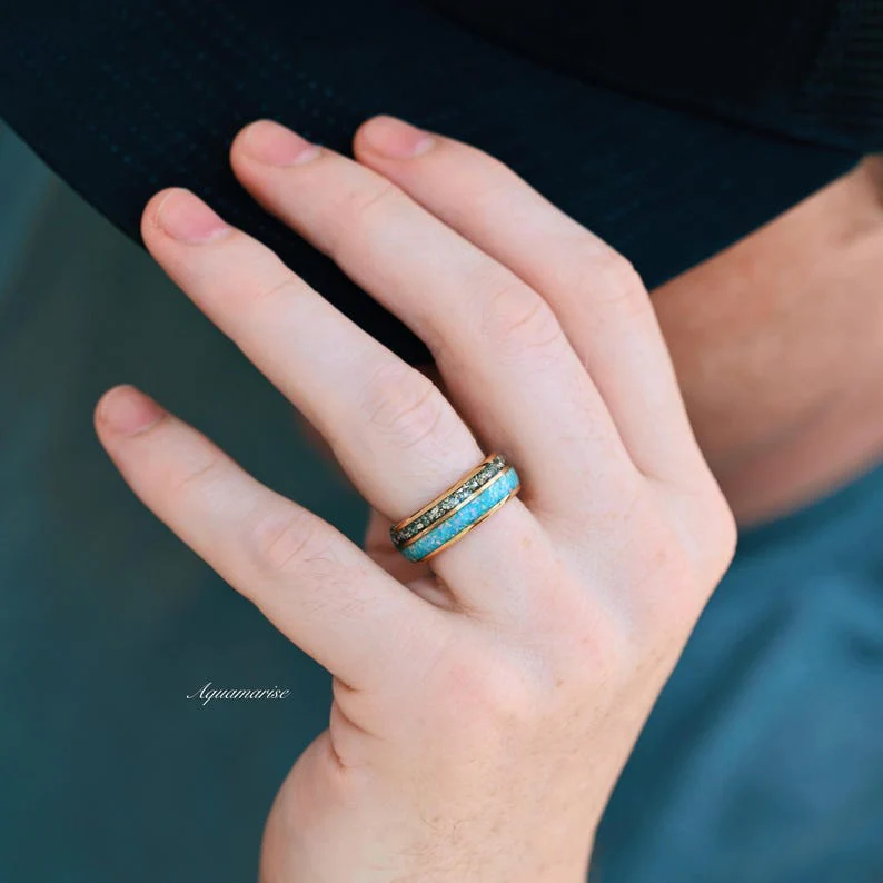 Blue Fire Opal & Crushed Diamond Couples Ring Set - Image 8