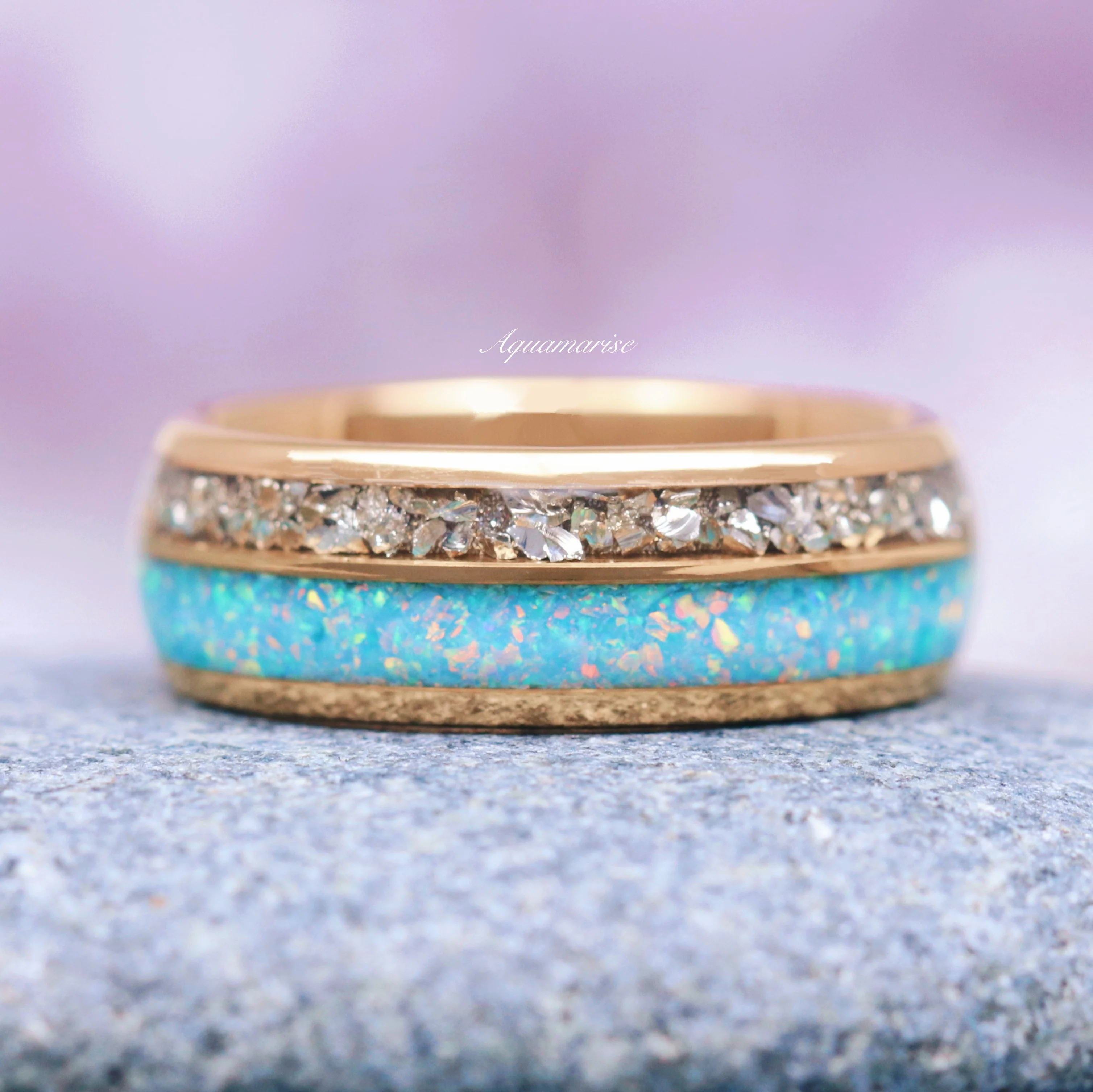 Blue Fire Opal & Crushed Diamond Couples Ring Set - Image 3