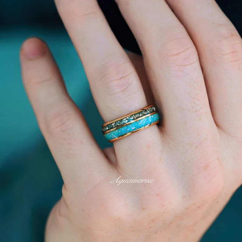 Blue Fire Opal & Simulated Diamond Wedding Band- 8MM Gold Tungsten - Image 3