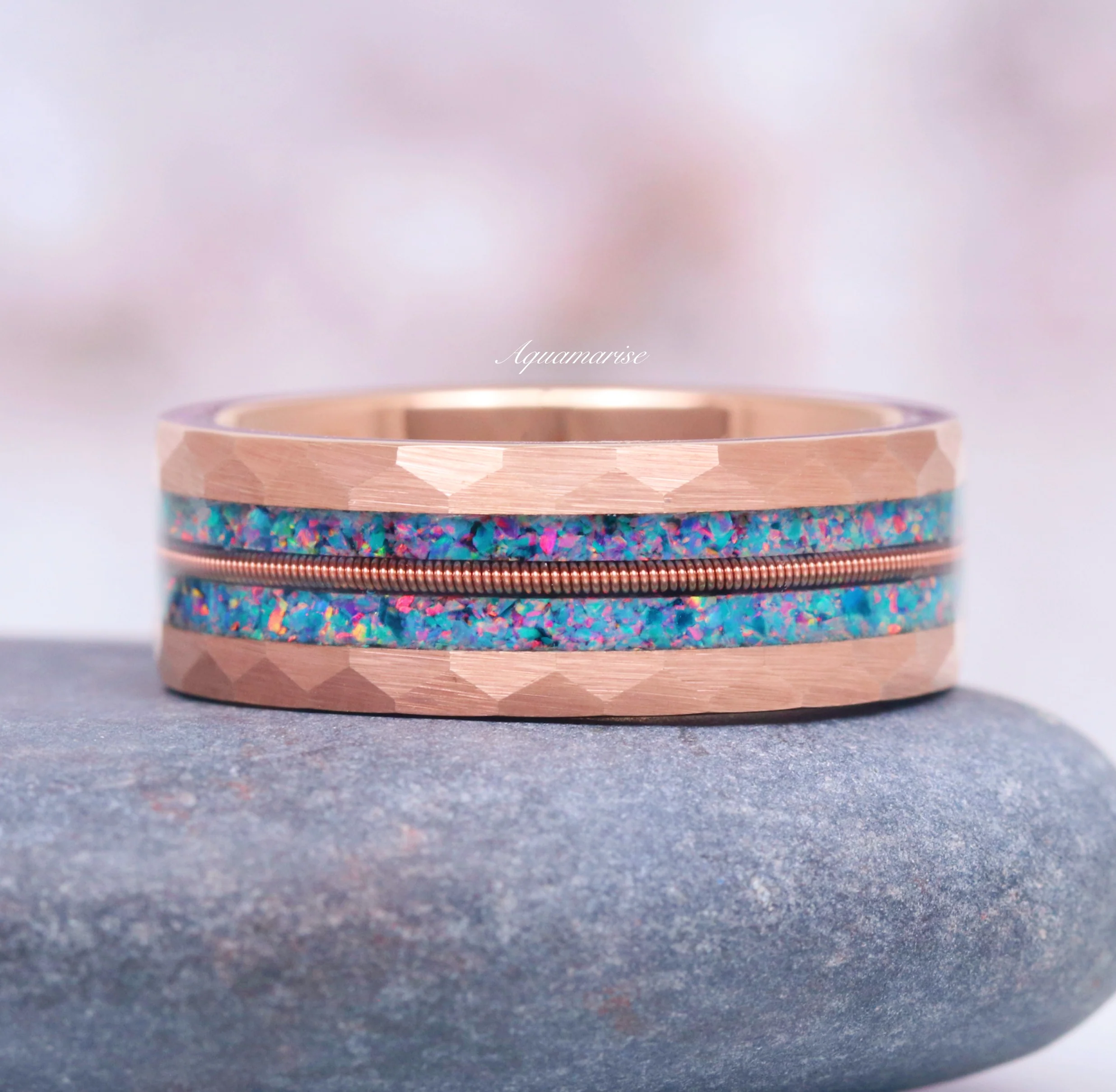 Blue Fire Opal & Guitar String Couples Ring Set - Image 5