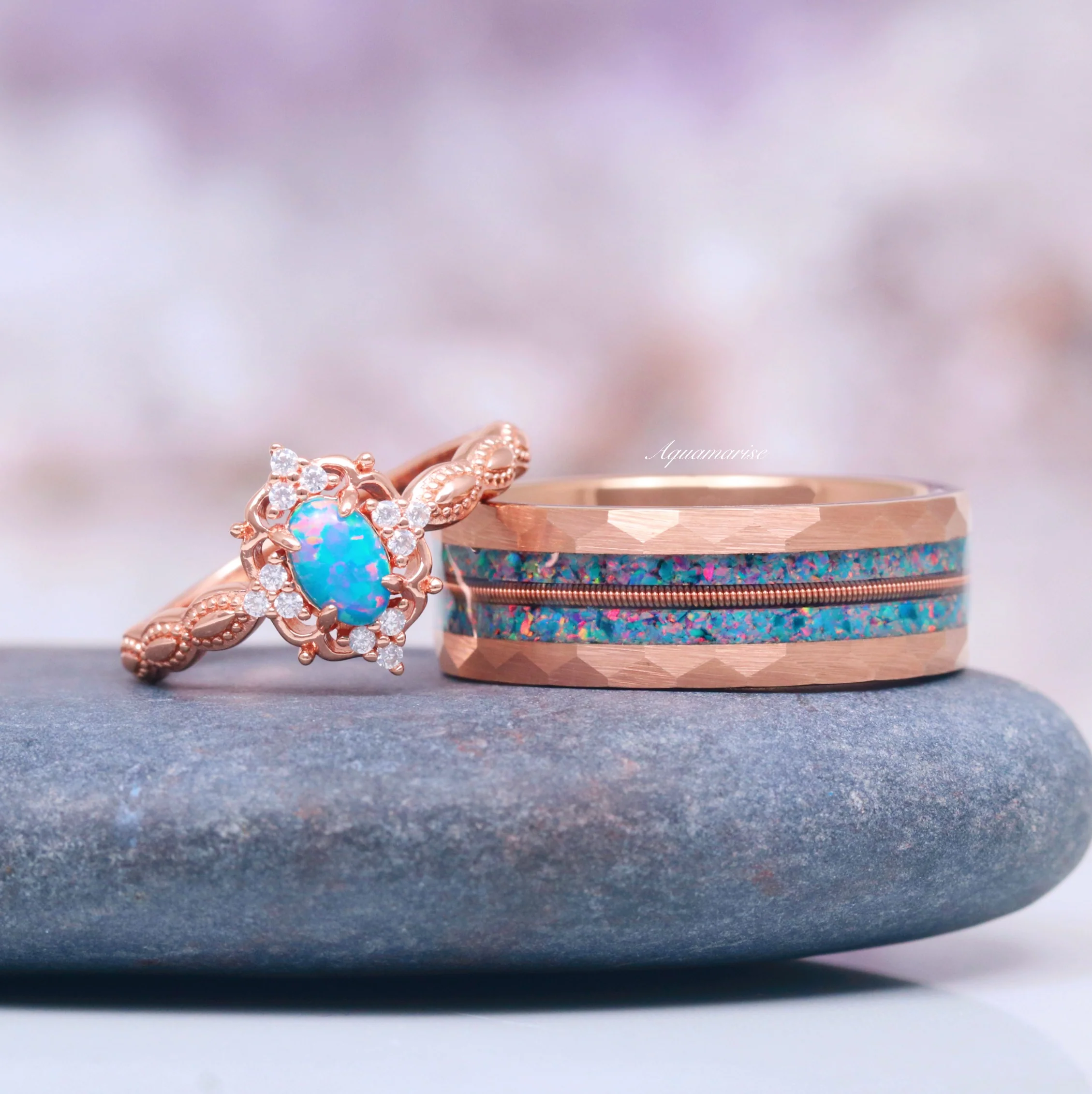Blue Fire Opal & Guitar String Wedding Band- 8MM Rose Gold Tungsten - Image 2