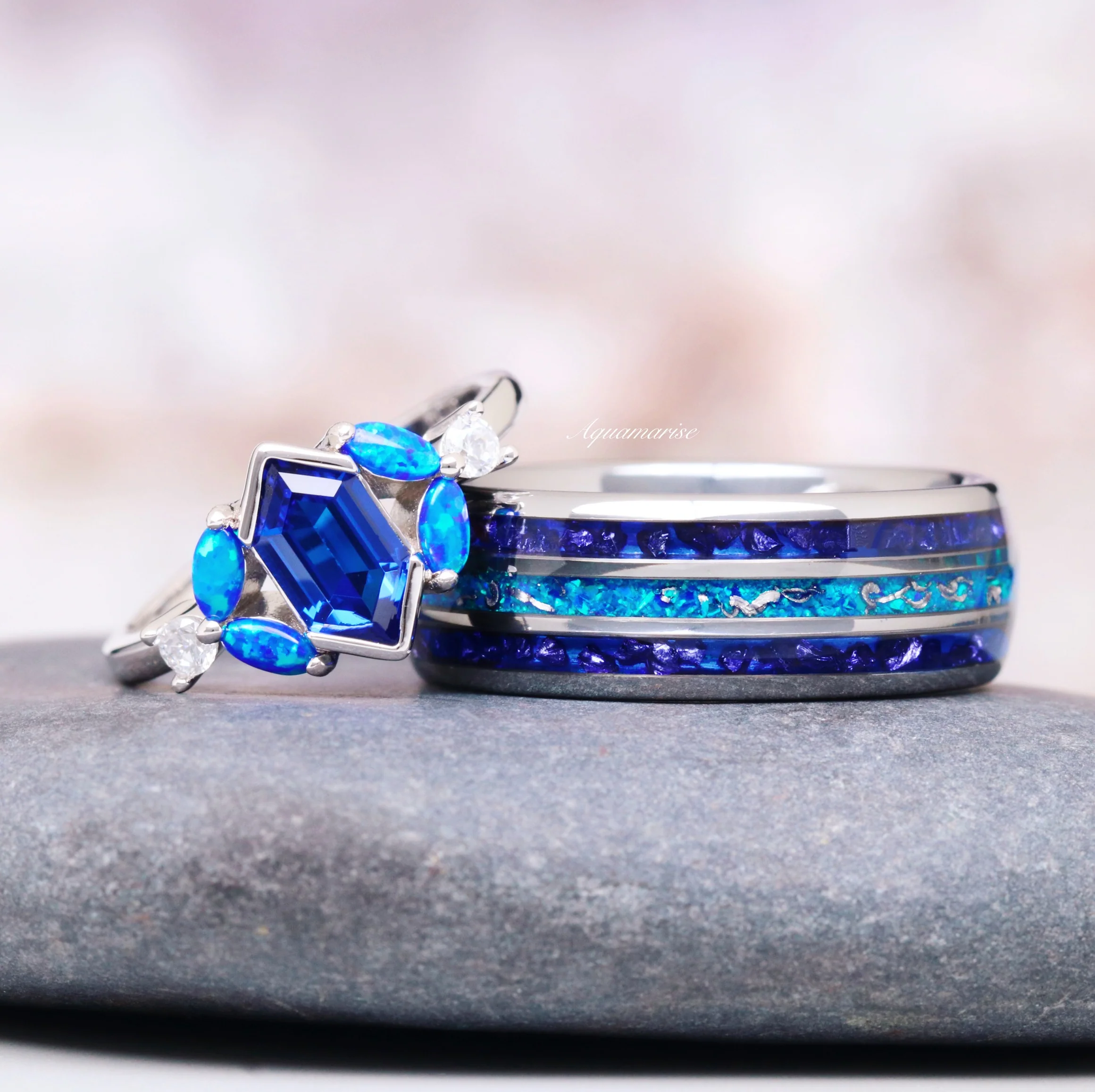 Blue Fire Opal, Meteorite & Sapphire Wedding Band- 8MM Tungsten - Image 2