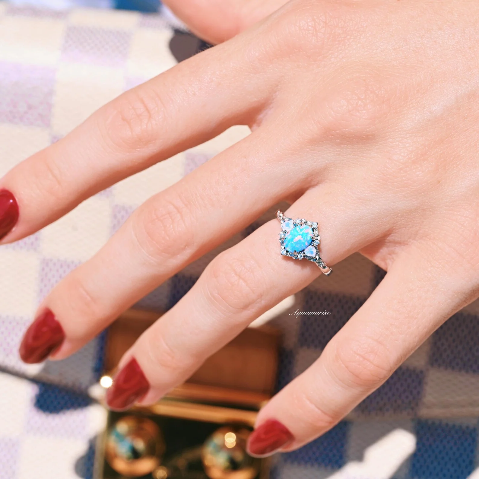 Blue Fire Opal & Opalescent Sapphire Leaf Engagement Ring in Sterling Silver - Image 3