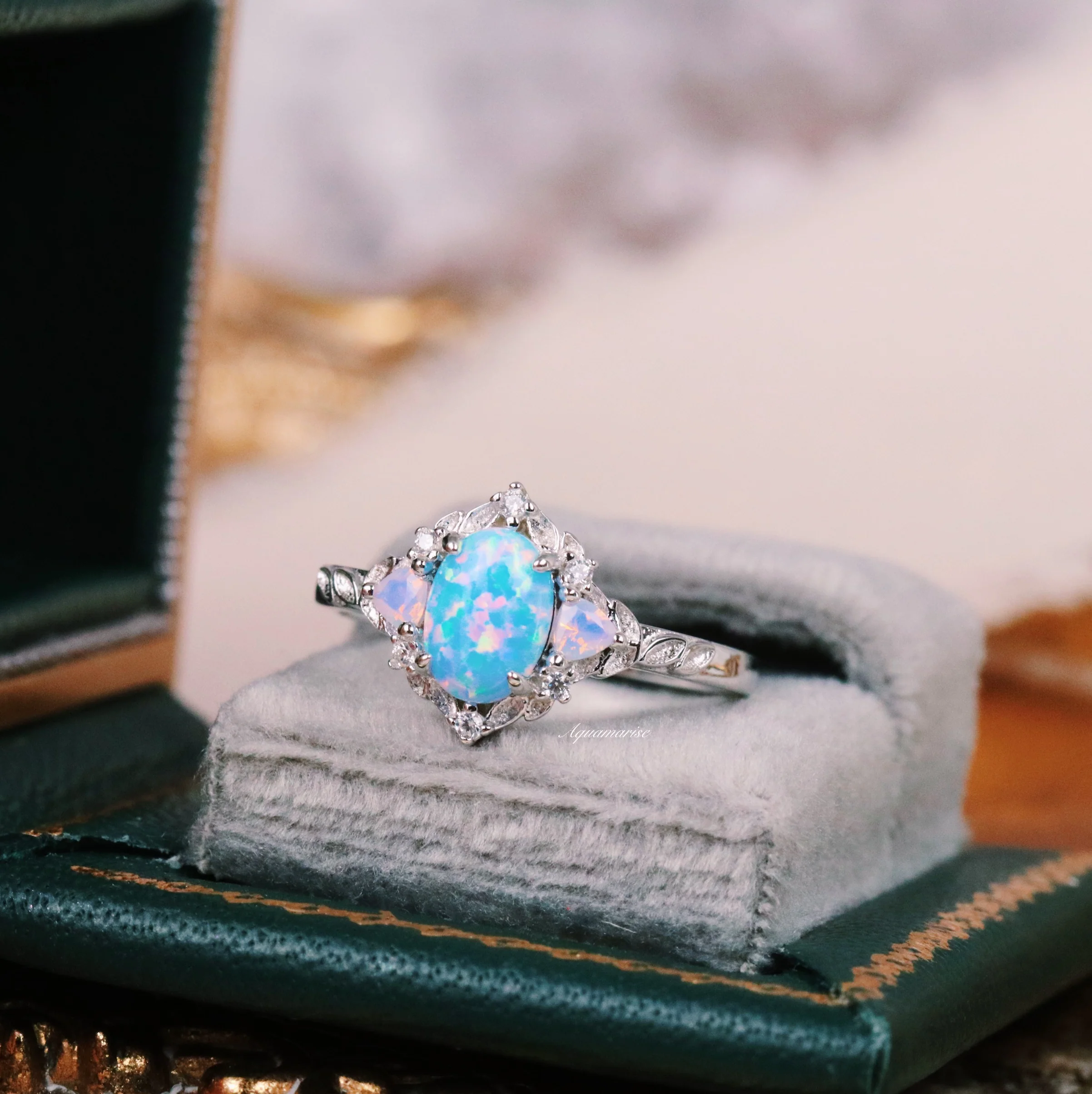 Blue Fire Opal & Opalescent Sapphire Leaf Engagement Ring in Sterling Silver - Image 6