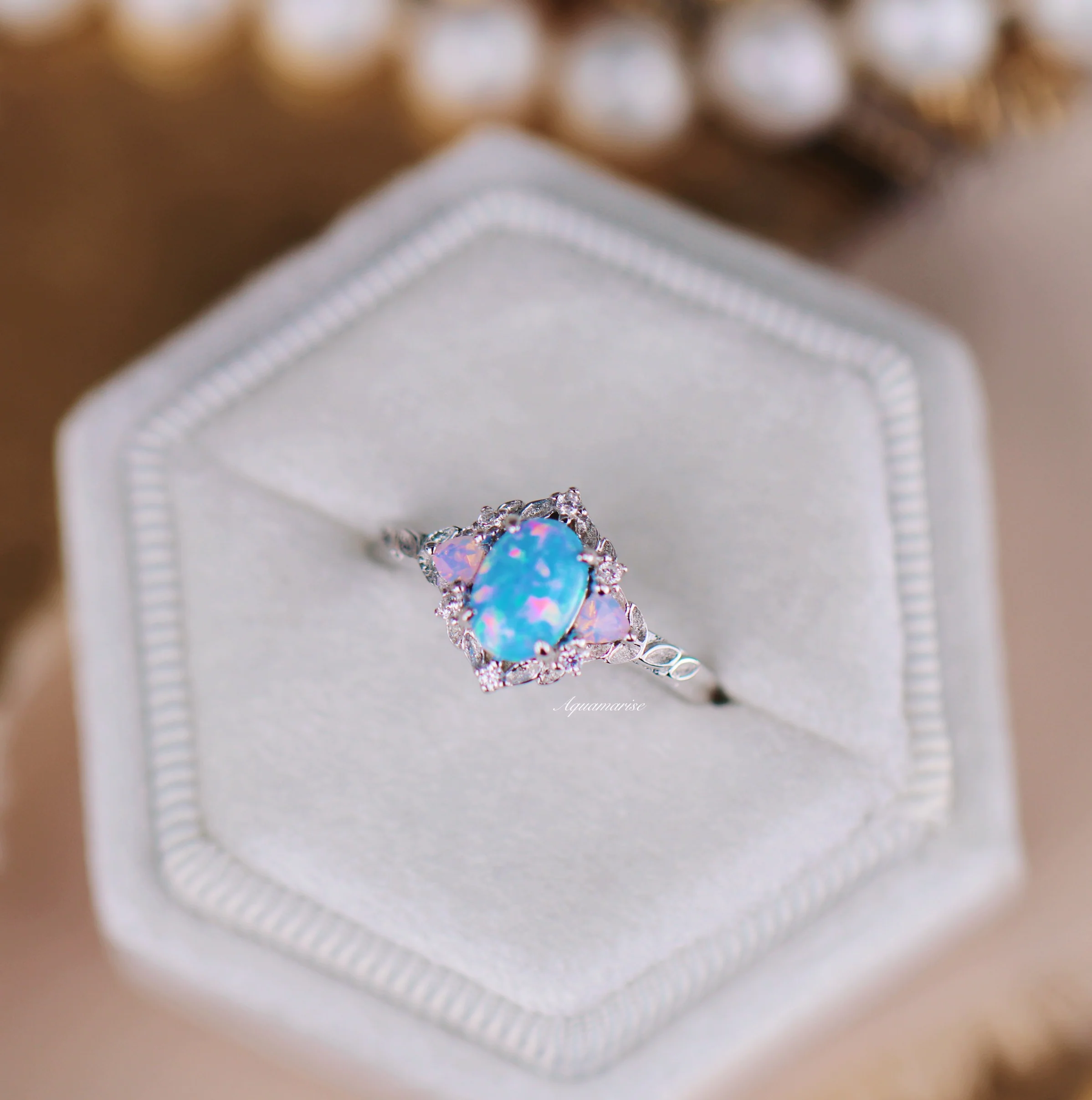 Blue Fire Opal & Opalescent Sapphire Leaf Engagement Ring in Sterling Silver - Image 7