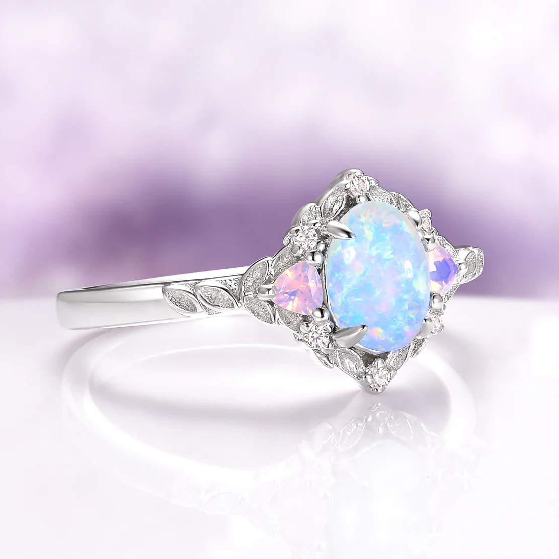 Blue Fire Opal & Opalescent Sapphire Leaf Engagement Ring in Sterling Silver - Image 9