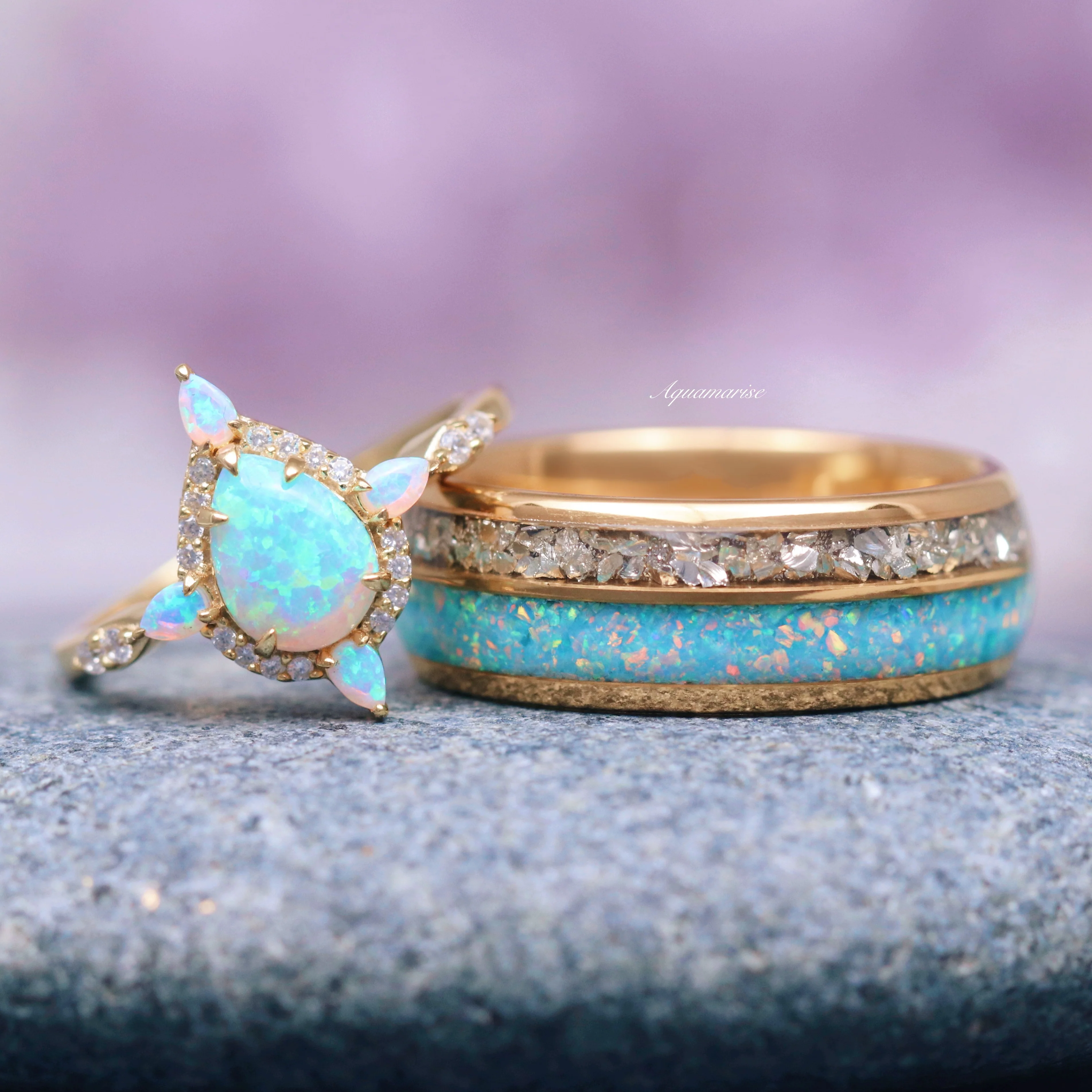 Blue Fire Opal Engagement Ring- 14K Solid Yellow Gold - Image 2