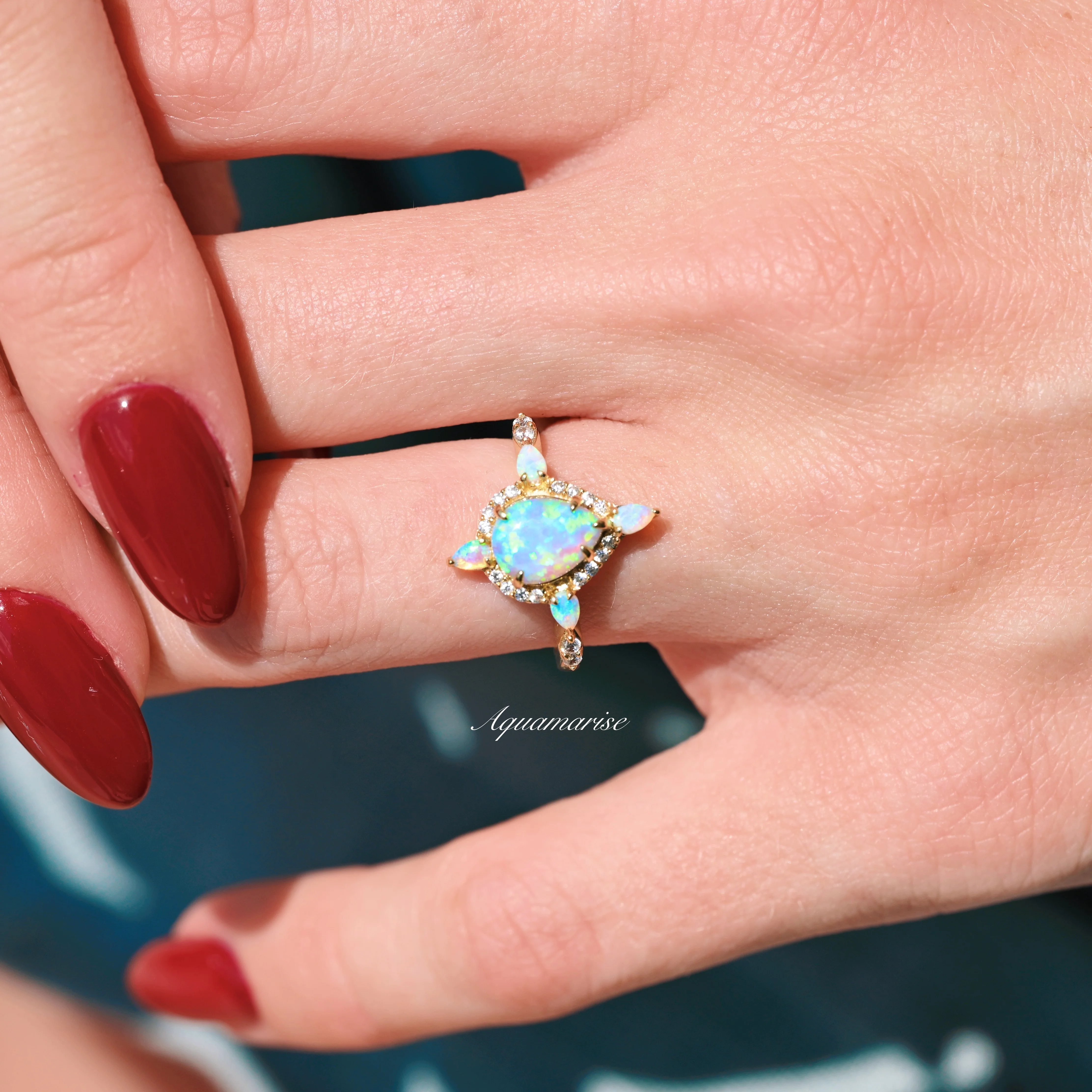 Blue Fire Opal Engagement Ring- 14K Solid Yellow Gold - Image 3