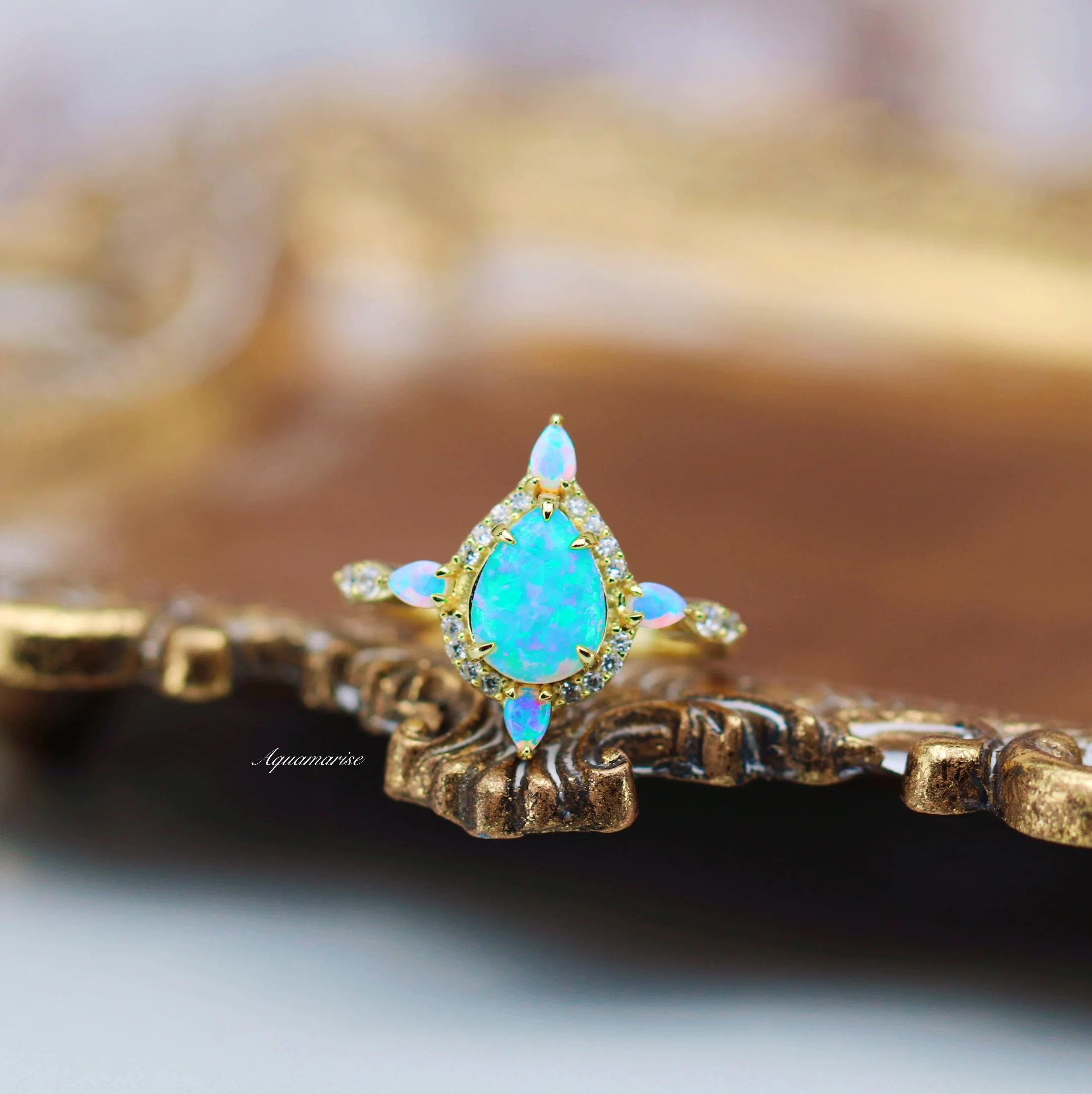 Blue Fire Opal Engagement Ring- 14K Solid Yellow Gold - Image 8