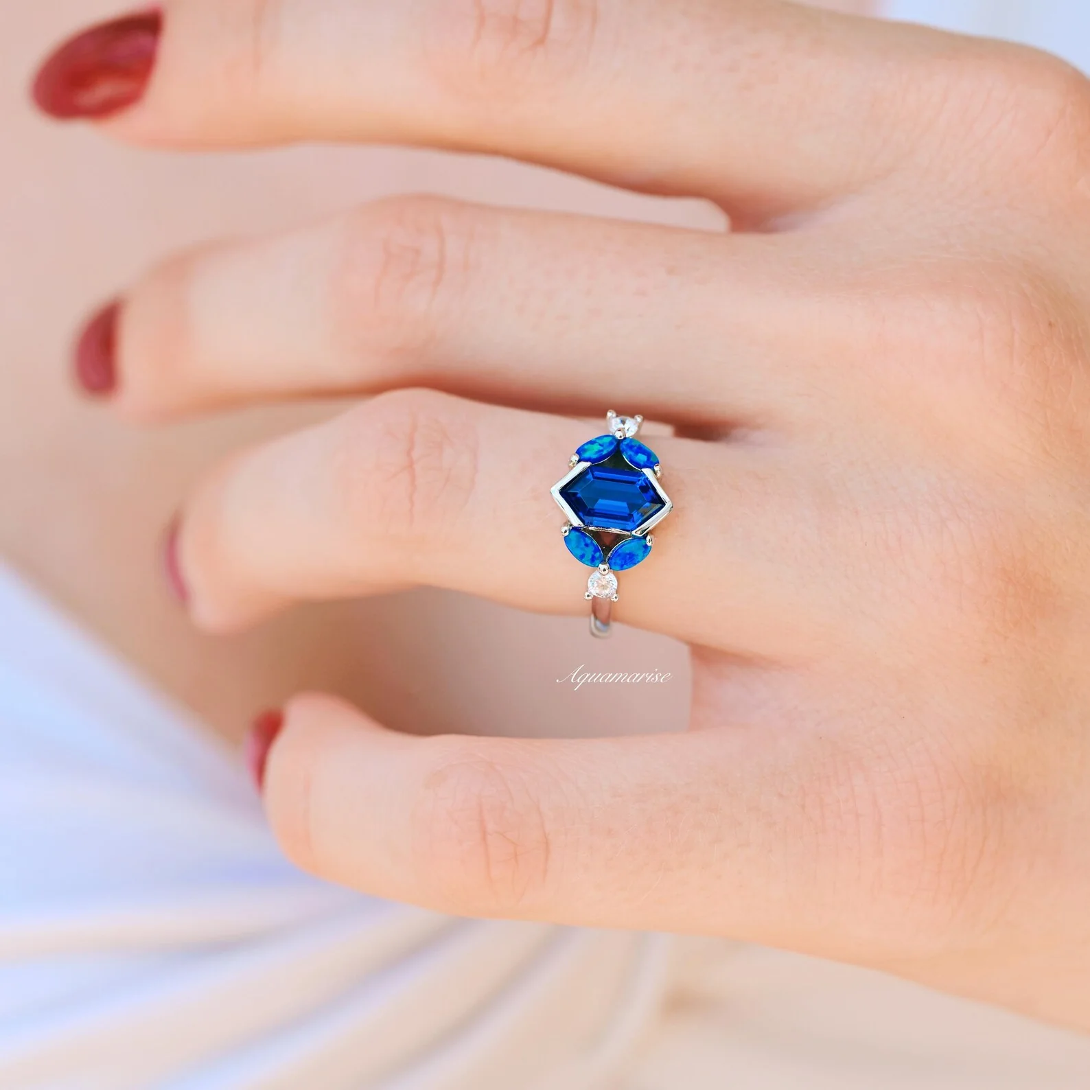 Blue Fire Opal & Sapphire Couples Ring Set - Image 4