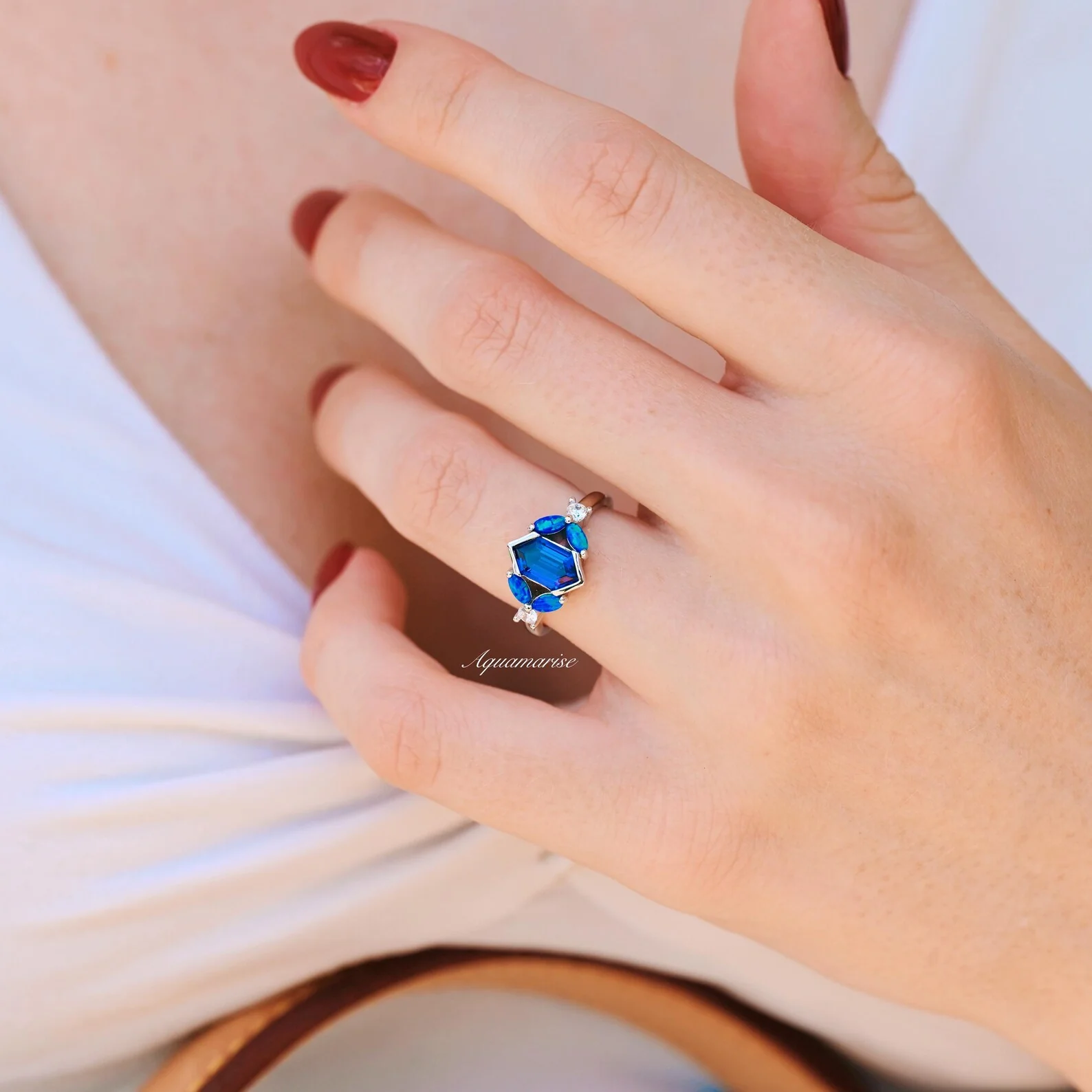 Blue Fire Opal & Sapphire Couples Ring Set - Image 3