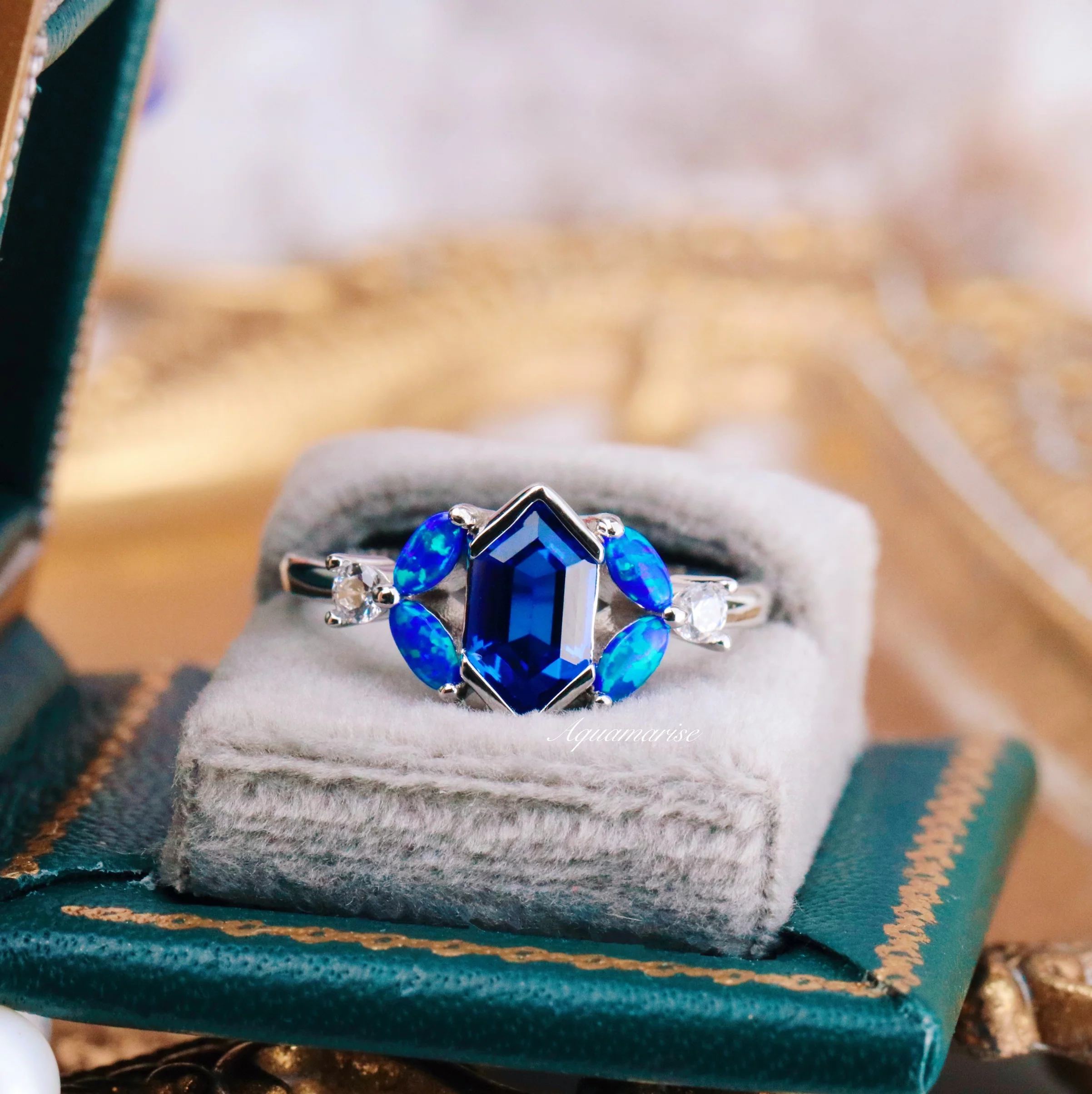 Blue Fire Opal & Sapphire Engagement Ring- Sterling Silver - Image 6