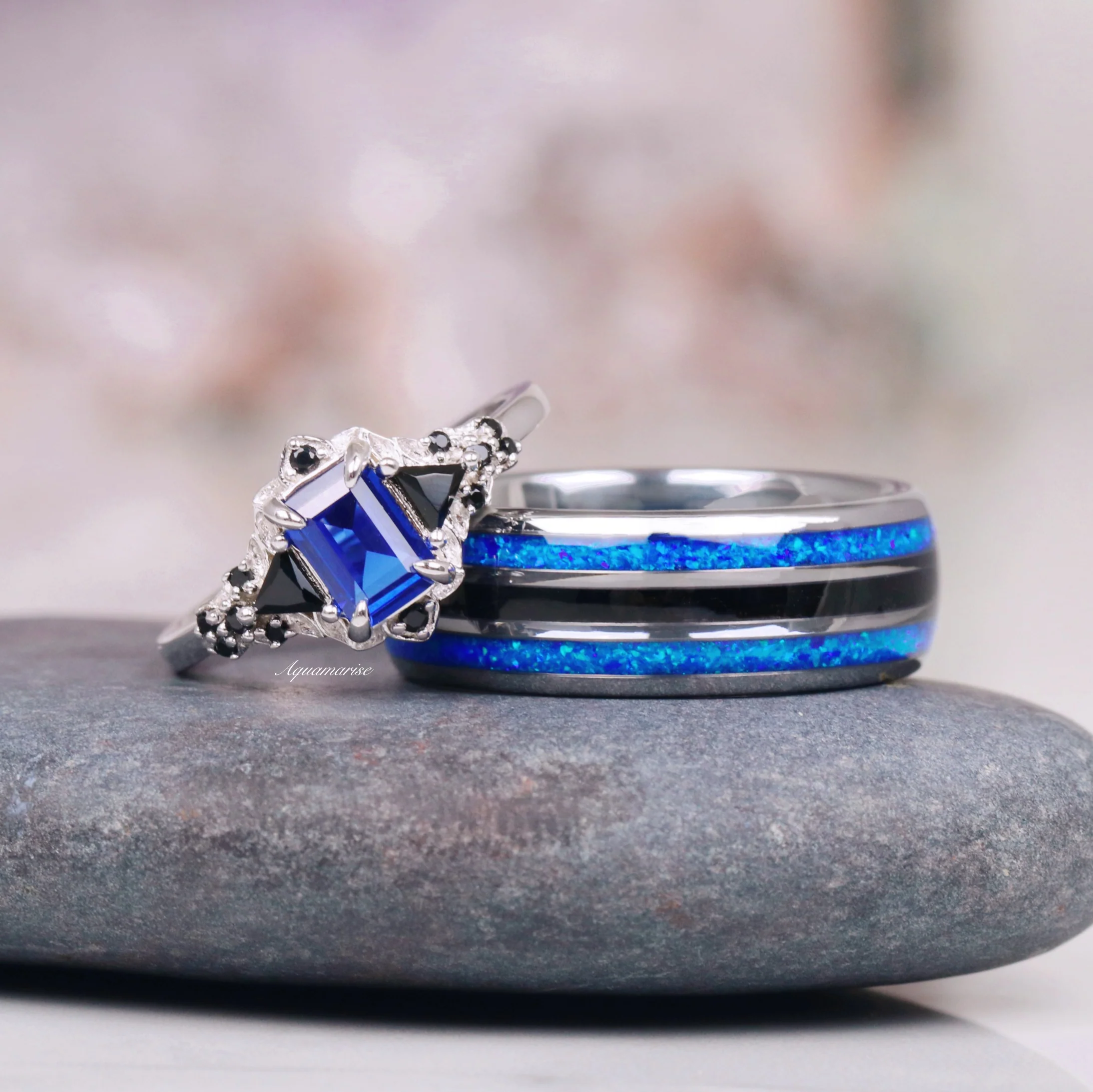 Blue Sapphire & Black Onyx Leaf Engagement Ring- 14K White Gold - Image 3