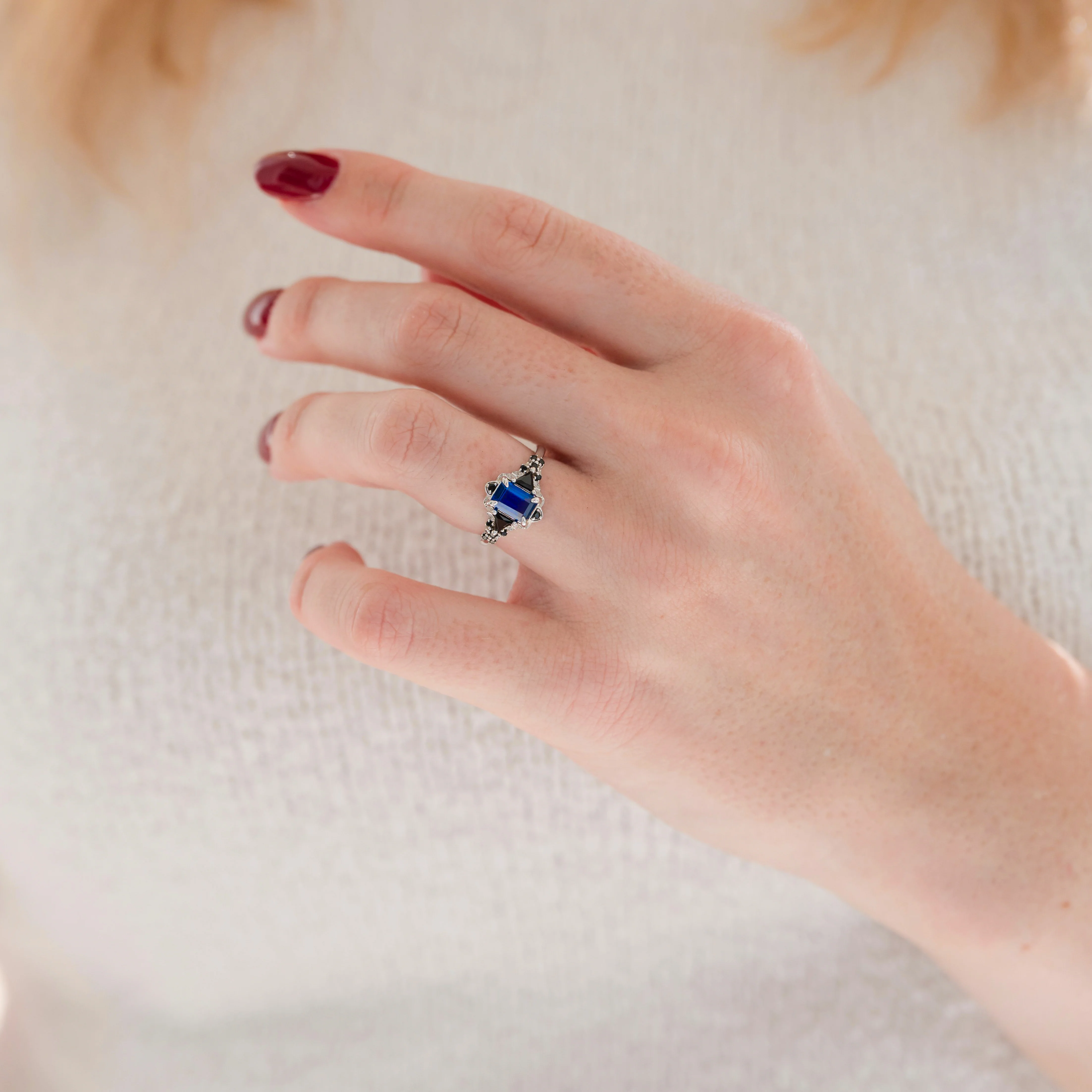 Blue Sapphire & Black Onyx Leaf Engagement Ring- 14K White Gold - Image 4