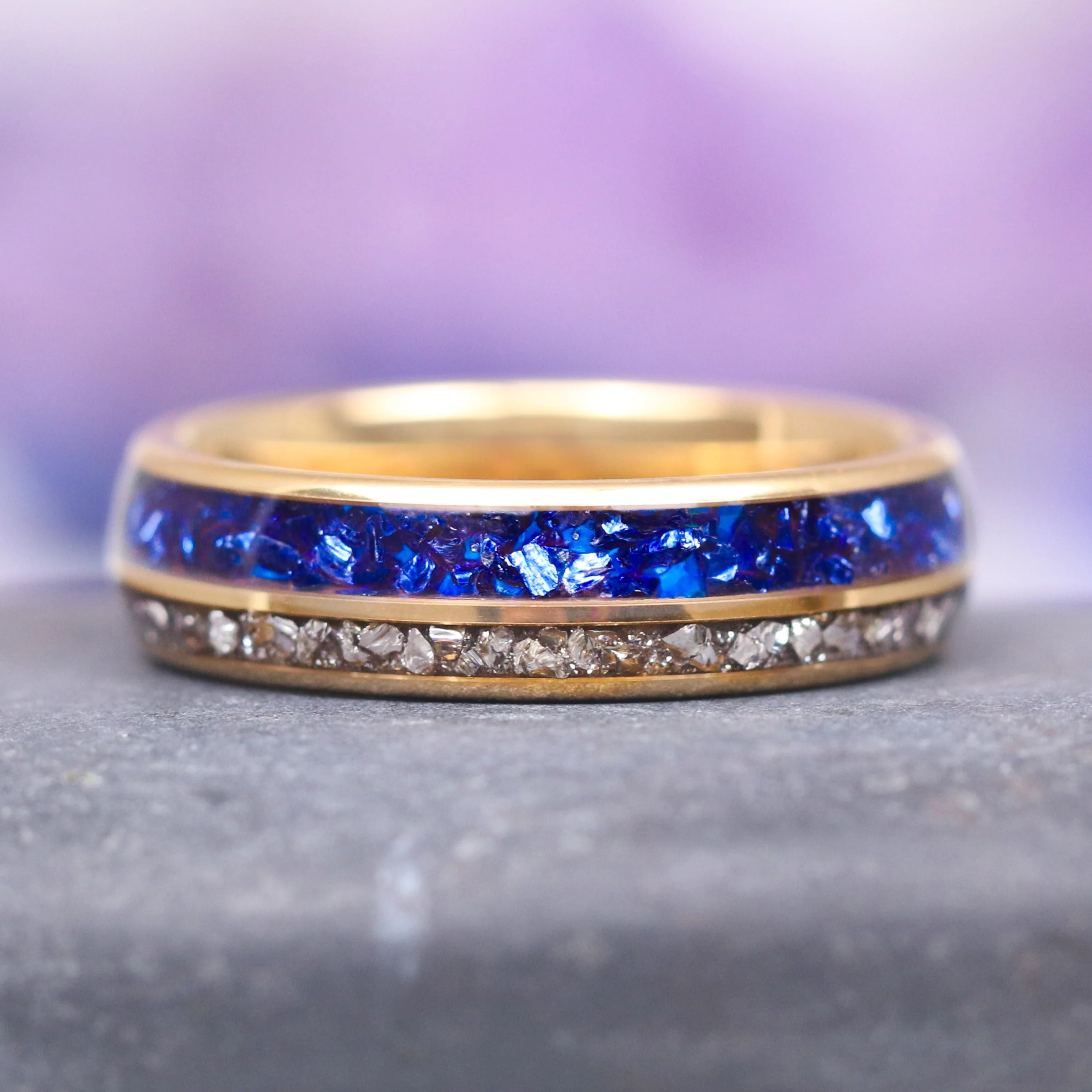Sapphire & Simulated Diamond Band- 6MM Gold Tungsten